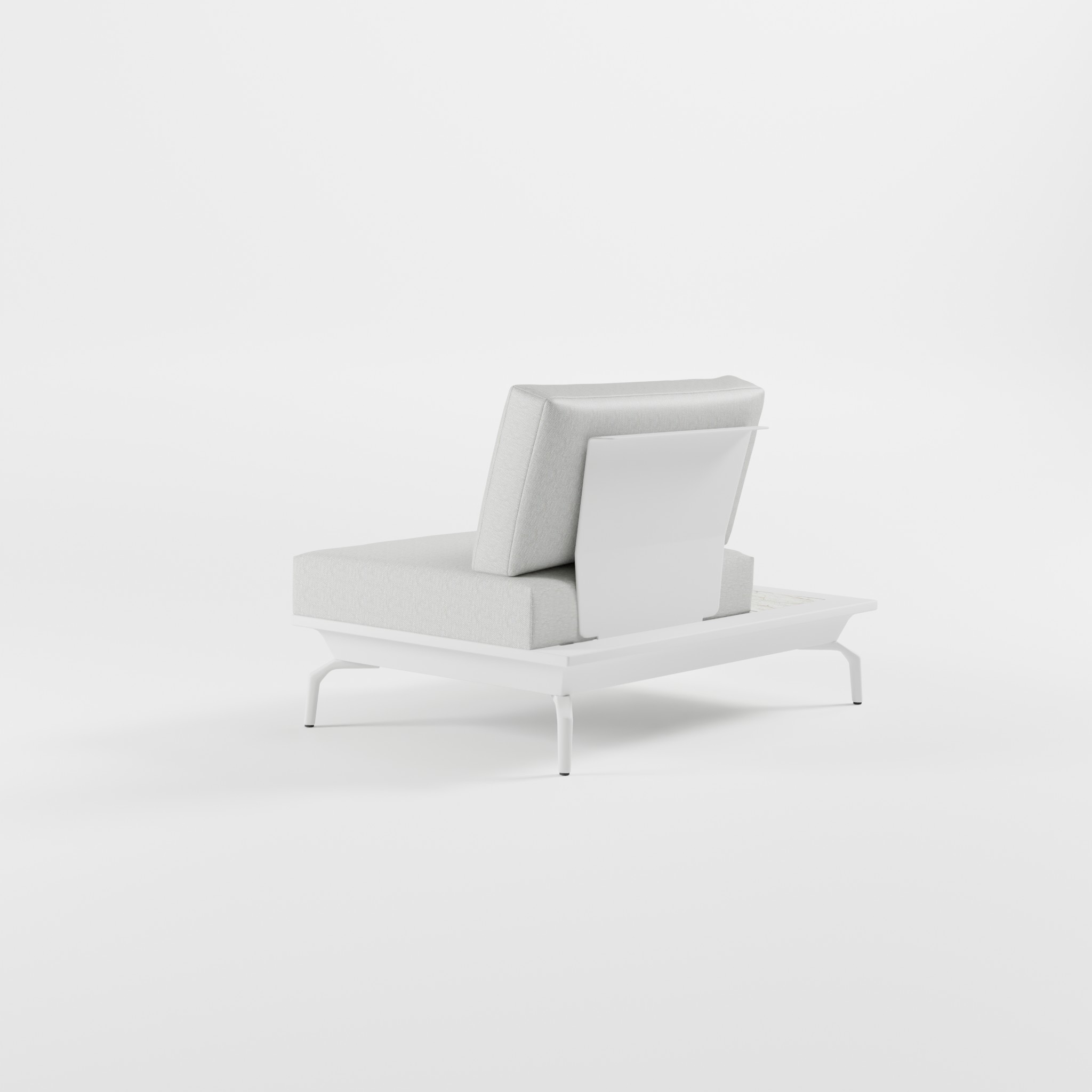 Rückansicht eines weißen 1‑Sitzer Outdoor‑Lounge‑Moduls aus Aluminium mit Edelstahl‑Rückenlehne, integrierter Ablagefläche und schrägen Delta‑Füßen, ICM Gartenlounge.