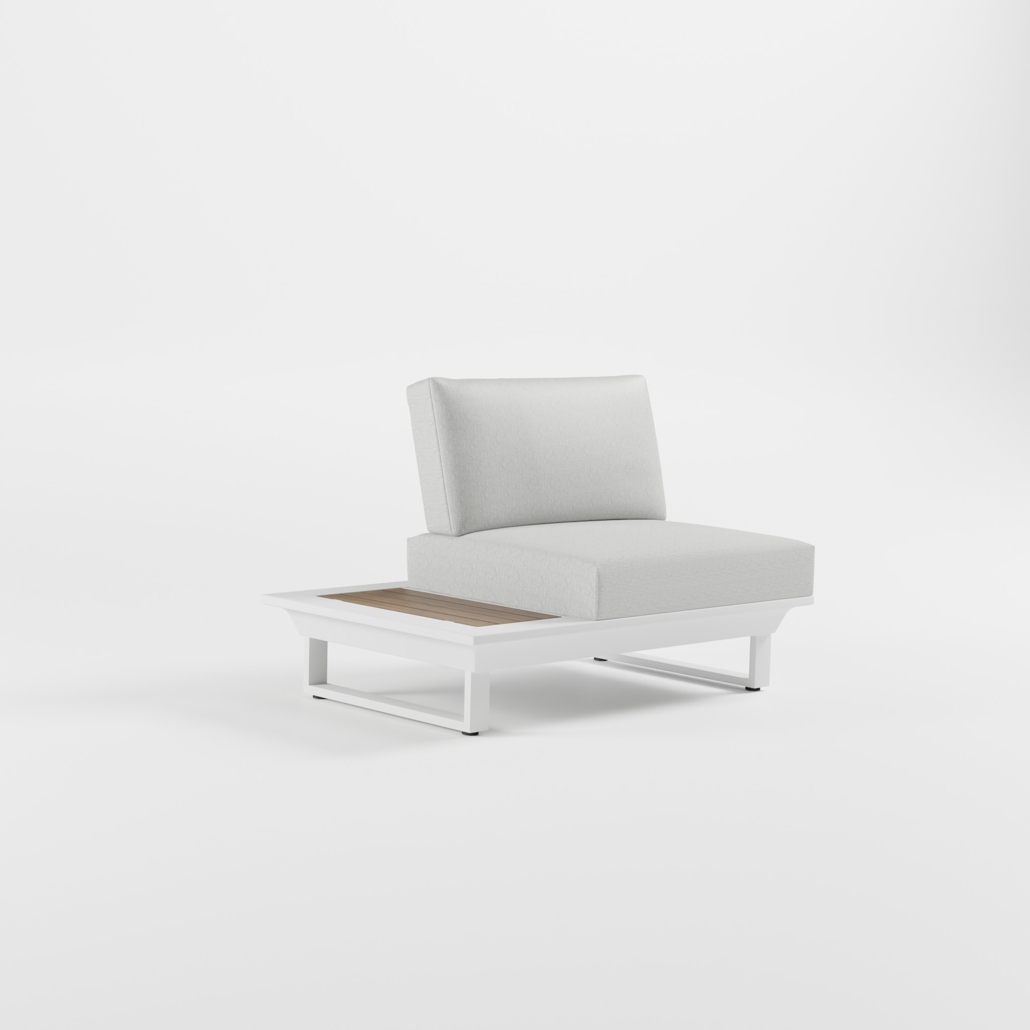 Weißes 1‑Sitzer Outdoor‑Lounge‑Modul aus Aluminium mit Edelstahl‑Rückenlehne, integrierter Teakholz‑Tischplatte und massiven Cube‑Füßen, ICM Gartenlounge.