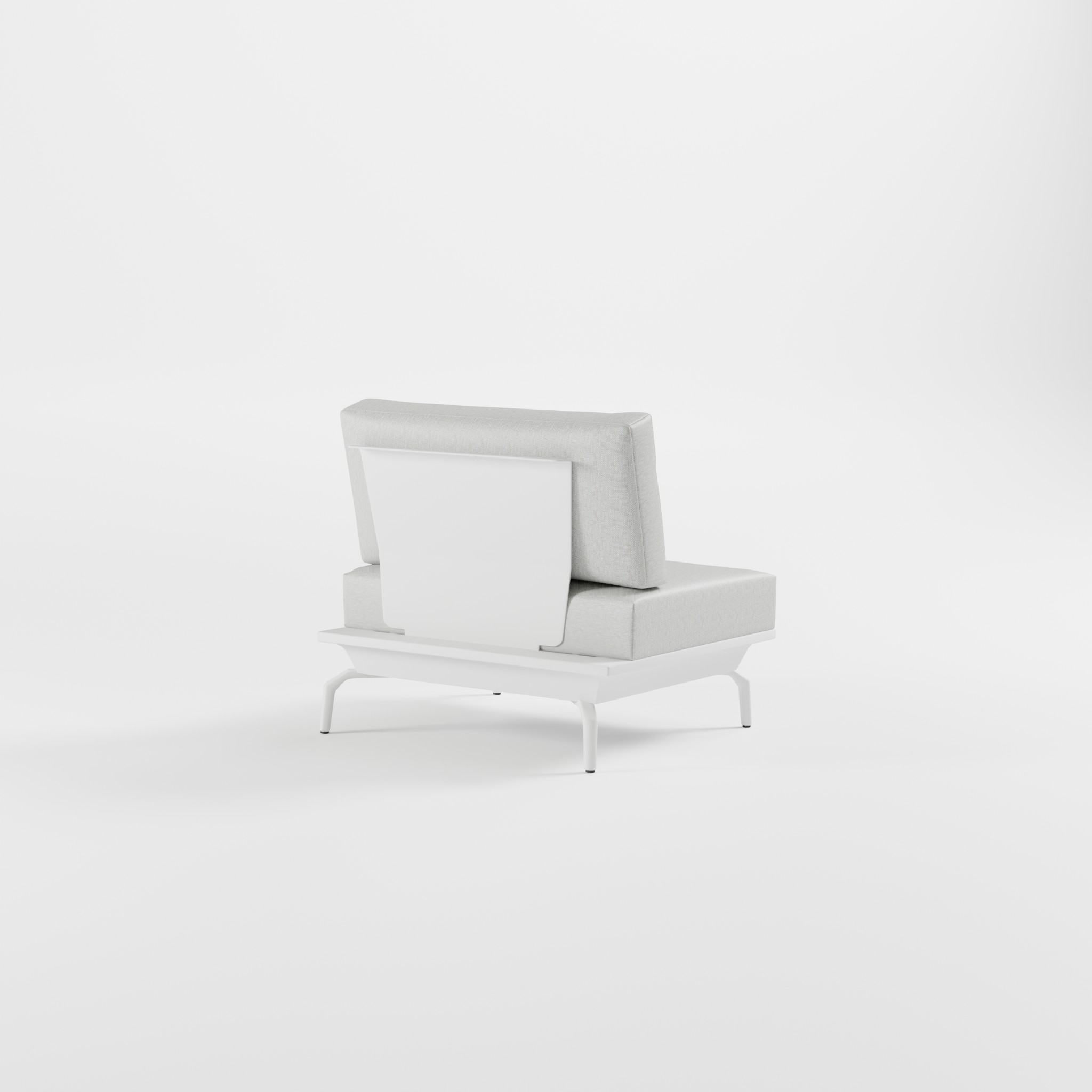 Rückansicht des ICM 1-Sitzer Zwischenmoduls in Weiß mit massiver Edelstahl-Rückenlehne und Delta-Füßen