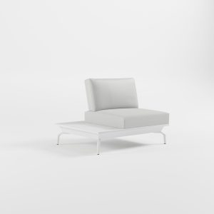 Luxuriöses ICM Outdoor Endmodul in Weiß mit integrierter Tisch-Ablage, exklusives Aluminium-Design auf schrägen Delta-Füßen, moderne Premium Gartenmöbel.