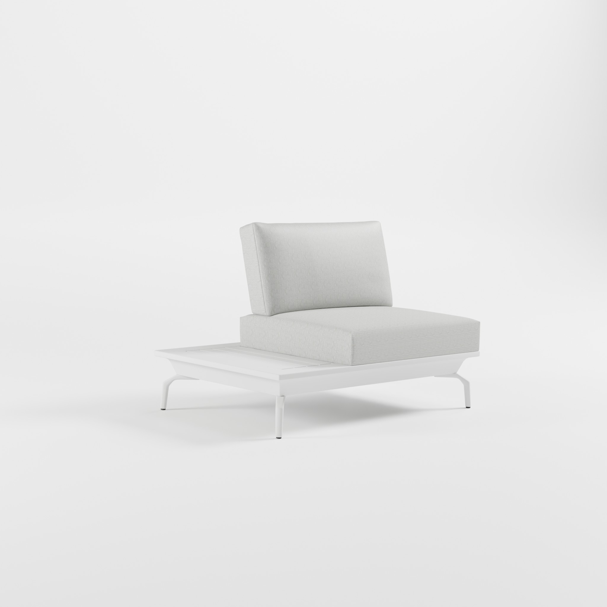 Luxuriöses ICM Outdoor Endmodul in Weiß mit integrierter Tisch-Ablage, exklusives Aluminium-Design auf schrägen Delta-Füßen, moderne Premium Gartenmöbel.