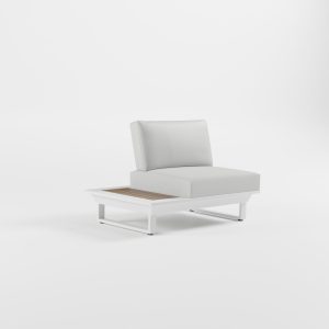 Exklusives ICM Outdoor Lounge-Endmodul in Weiß mit erstklassiger Teakholz-Tischplatte, luxuriöses Aluminium-Design auf Cube-Füßen, Premium Gartenmöbel.