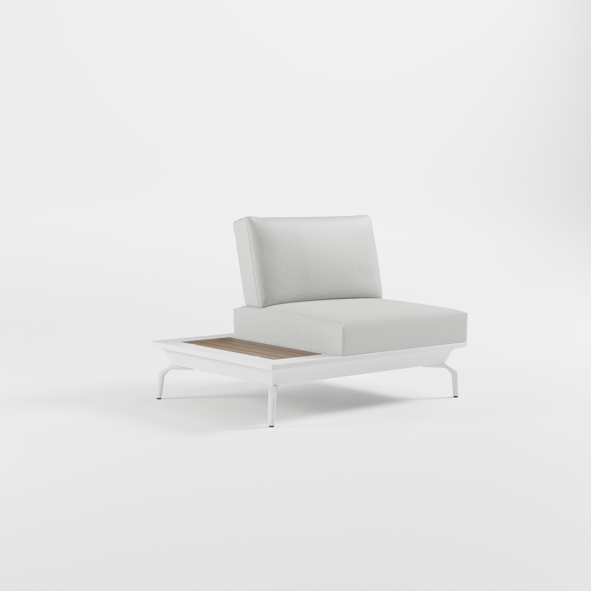 Luxuriöses ICM Outdoor Lounge-Endmodul in Weiß mit erstklassigem Teakholz-Seitentisch, exklusives Aluminium-Design auf Delta-Füßen, Premium Gartenmöbel.