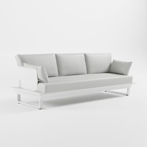 ICM Monacco 3‑Sitzer Outdoor‑Sofa mit niedrigen Armlehnen aus weiß pulverbeschichtetem Aluminium für helle Gartenbereiche.