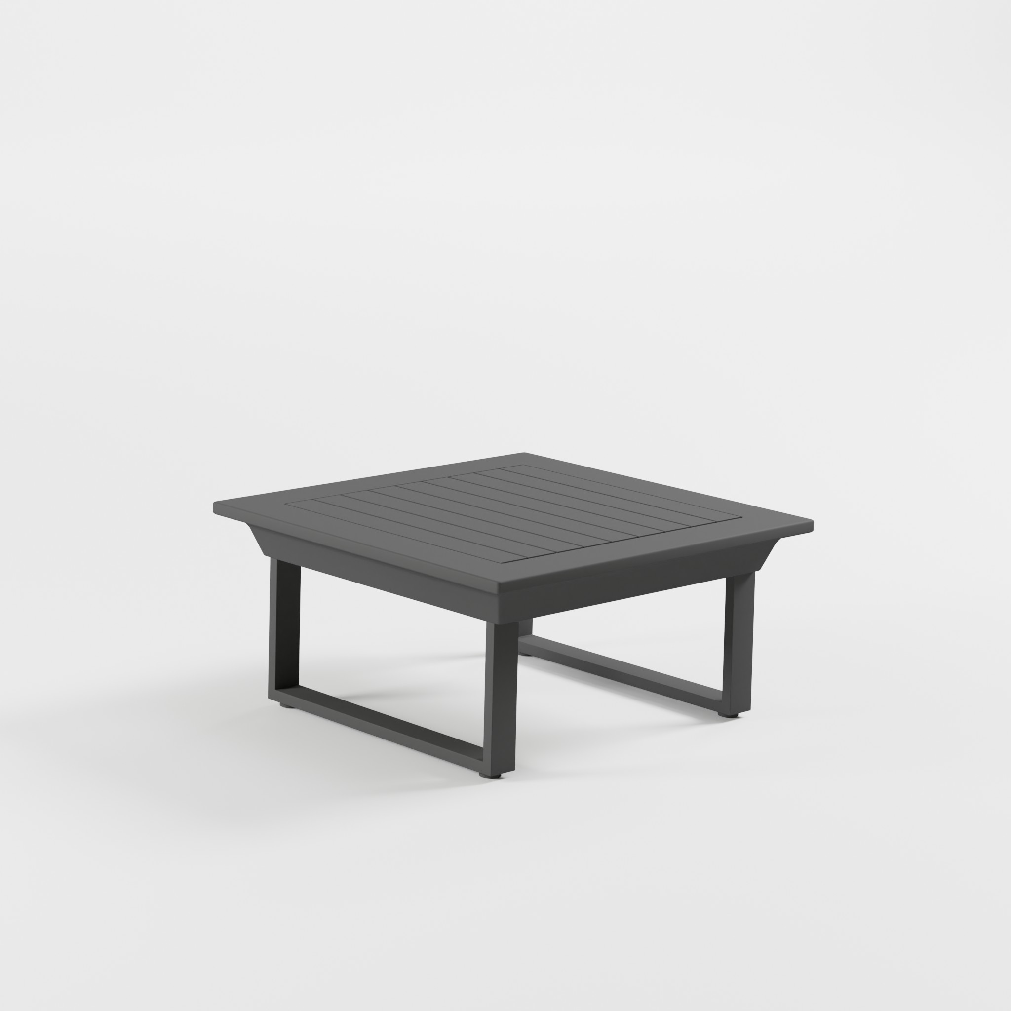 Anthrazitfarbener Aluminium‑Loungetisch 82×82 cm mit Cube‑Füßen und 39‑cm‑Höhe – ideal für moderne Terrassen‑ und Gartenlounges