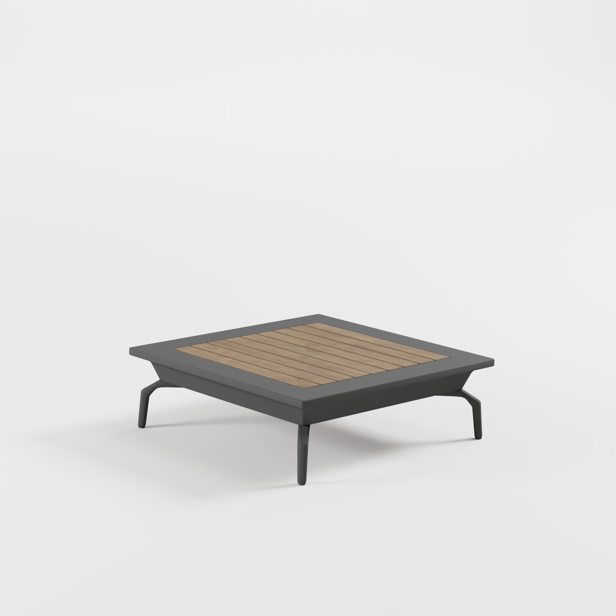 Teak‑Iroko‑Loungetisch 82×82 cm in Anthrazit mit schrägen Delta‑Füßen und 26‑cm‑Höhe – ideal für moderne Outdoor‑Lounges