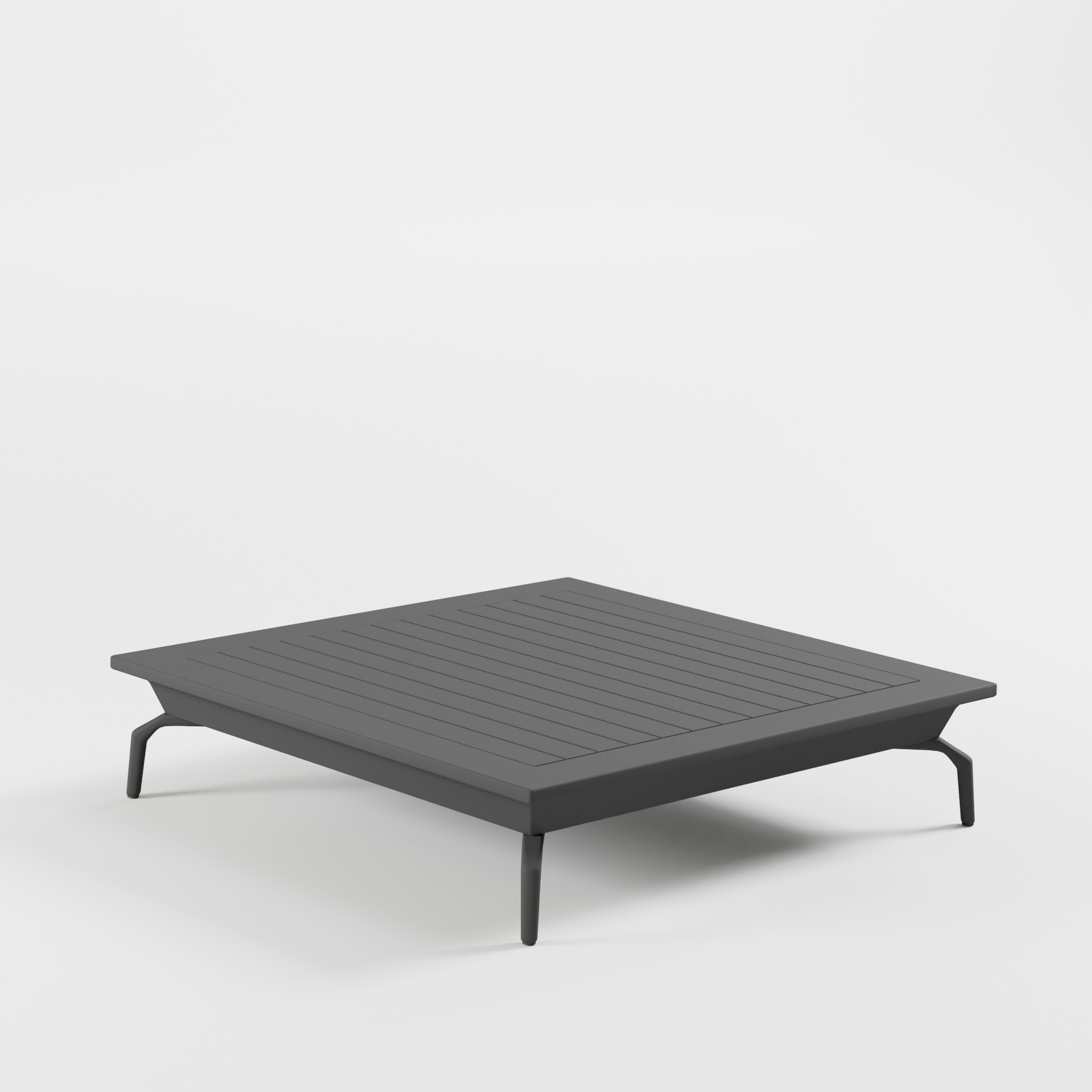 Premium‑Outdoor‑Loungetisch 112×112 cm aus Aluminium in Anthrazit mit markanten Delta‑Design‑Füßen und niedriger 26‑cm‑Loungehöhe – exklusiver Tisch für Garten, Terrasse und moderne Outdoor‑Lounges