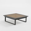 Anthrazitfarbener Aluminium‑Outdoor‑Tisch 112×112 cm mit Teak‑Iroko‑Platte, Cube‑Füßen und 39‑cm‑Höhe – geeignet für moderne Lounge­bereiche