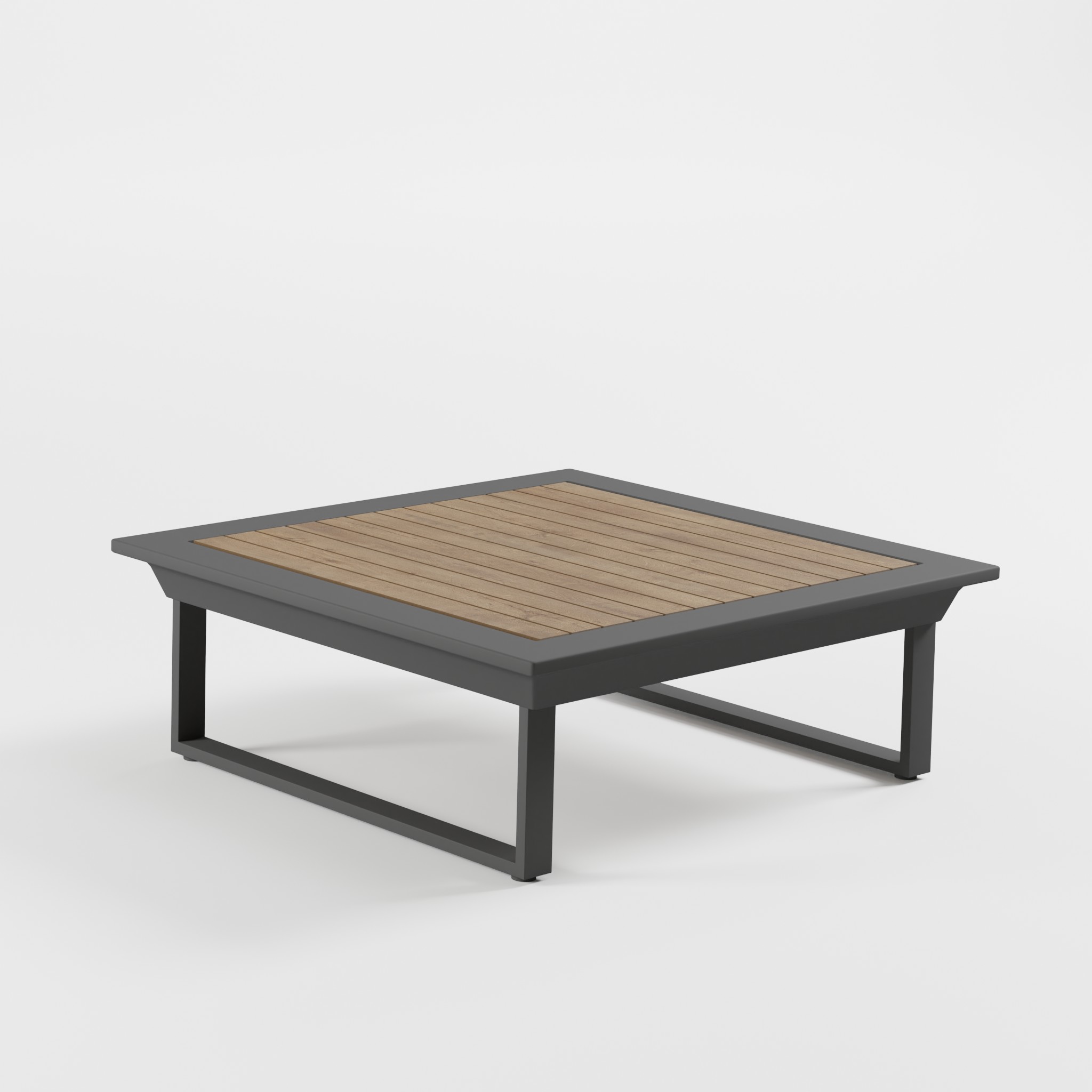 Anthrazitfarbener Aluminium‑Outdoor‑Tisch 112×112 cm mit Teak‑Iroko‑Platte, Cube‑Füßen und 39‑cm‑Höhe – geeignet für moderne Lounge­bereiche