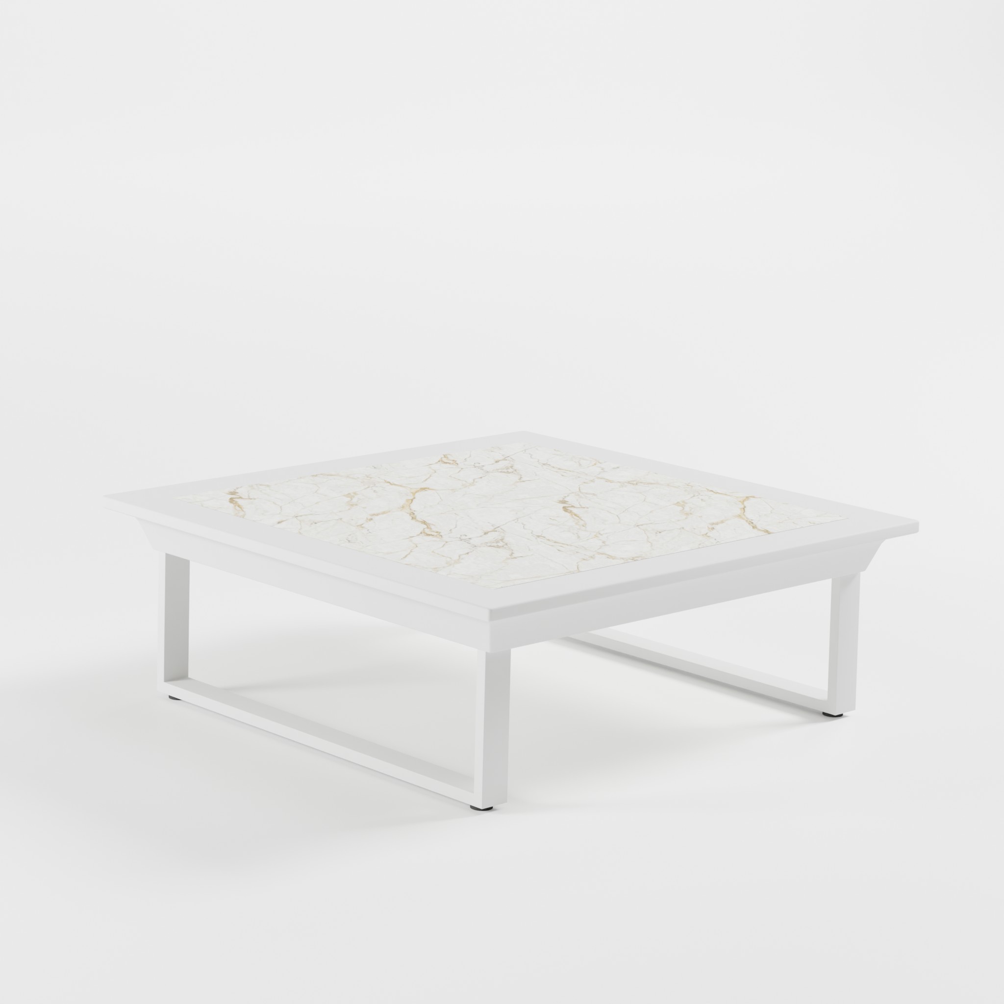 Weißer Outdoor‑Tisch 112×112 cm mit Keramikplatte, Cube‑Füßen und 39‑cm‑Höhe – passend für moderne Lounge‑ und Terrassenbereiche