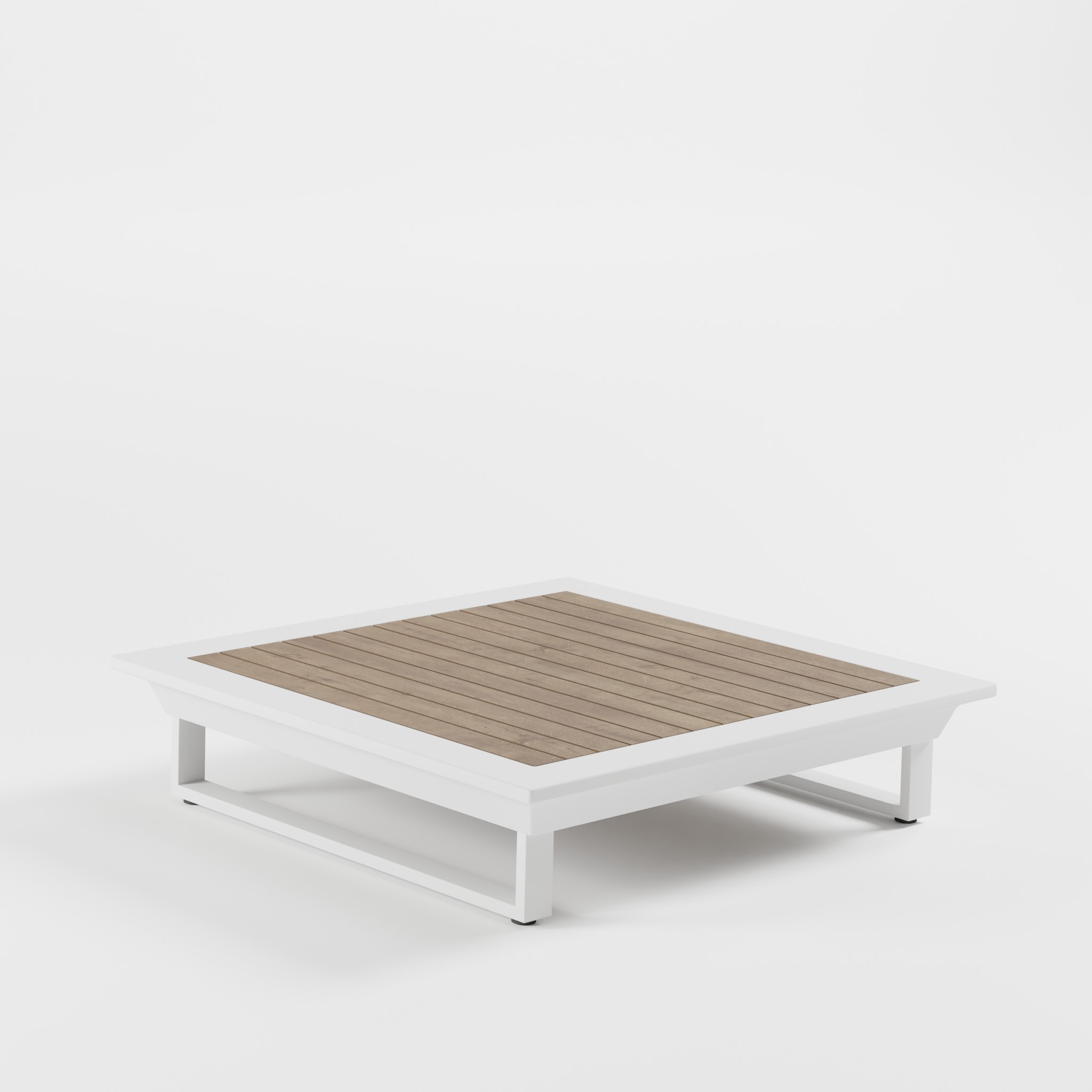 Luxuriöser Outdoor‑Loungetisch 112×112 cm in Weiß mit massiver Teak‑Iroko‑Holzplatte, Cube‑Design‑Füßen und eleganter 26‑cm‑Loungehöhe – exklusiver Premium‑Tisch für Garten, Terrasse, Balkon und moderne Outdoor‑Lounges