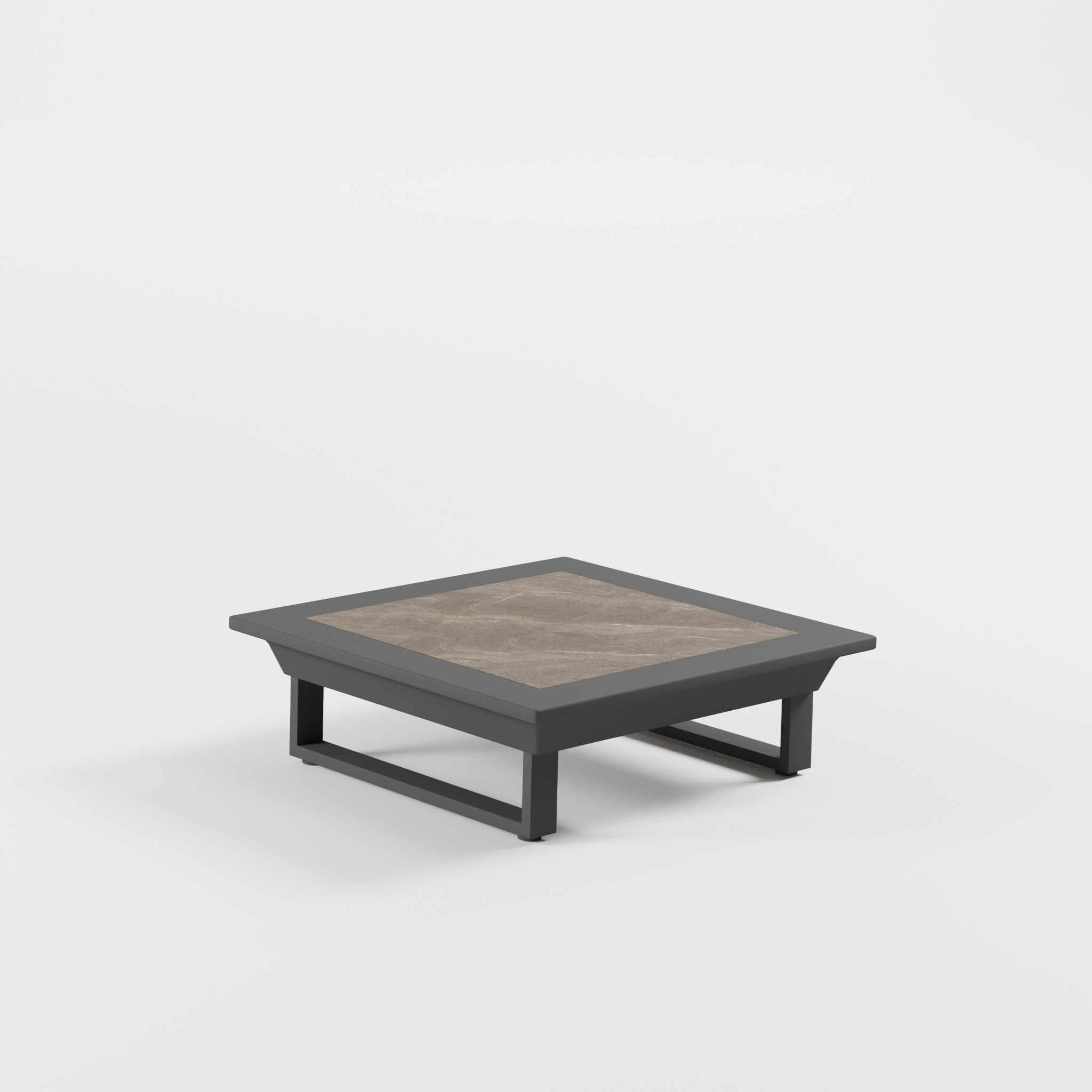 Anthrazitfarbener Keramik‑Modultisch 82×82 cm mit Cube‑Füßen und 26‑cm‑Höhe – ideal für moderne Terrassen‑ und Gartenlounges