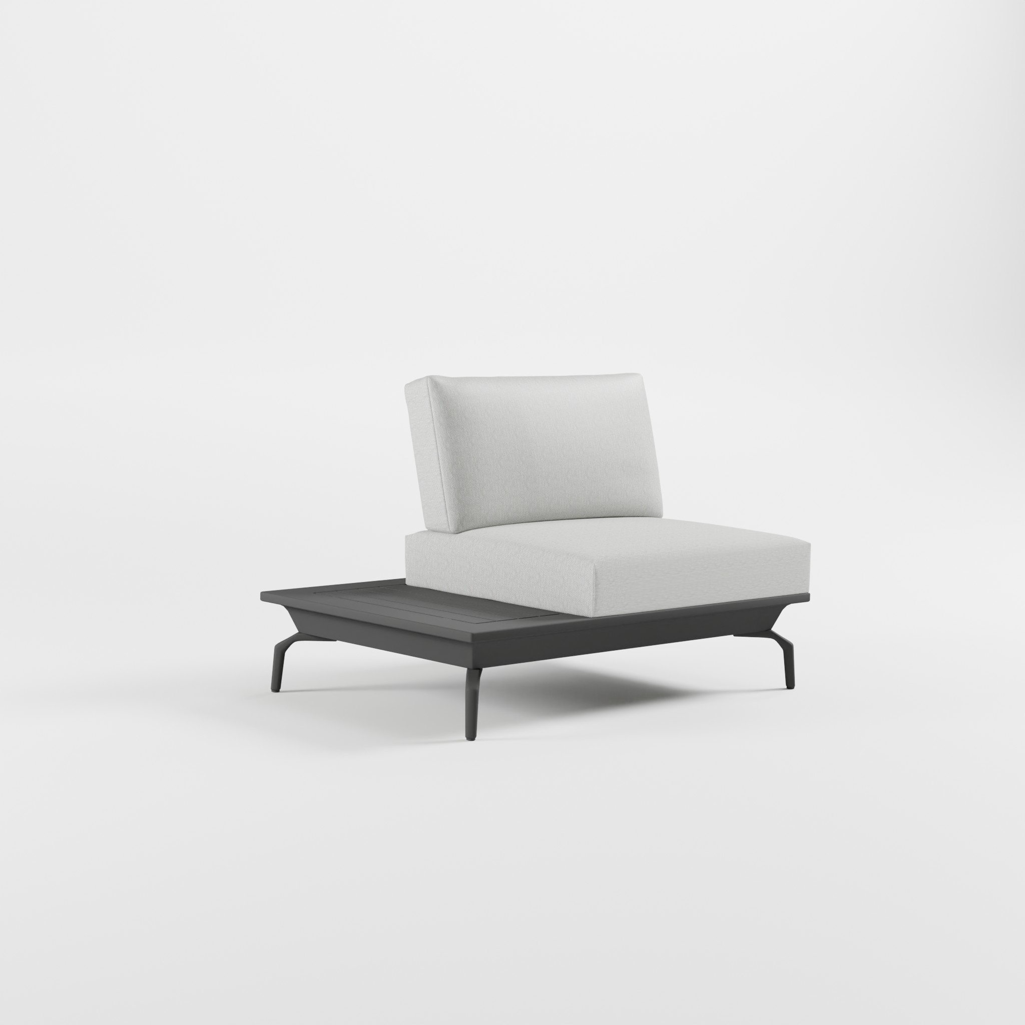 Anthrazitfarbenes Outdoor‑Lounge‑Modul aus Aluminium mit Edelstahl‑Rückenlehne, integriertem Aluminium‑Seitentisch und schrägen Delta‑Füßen, ICM.