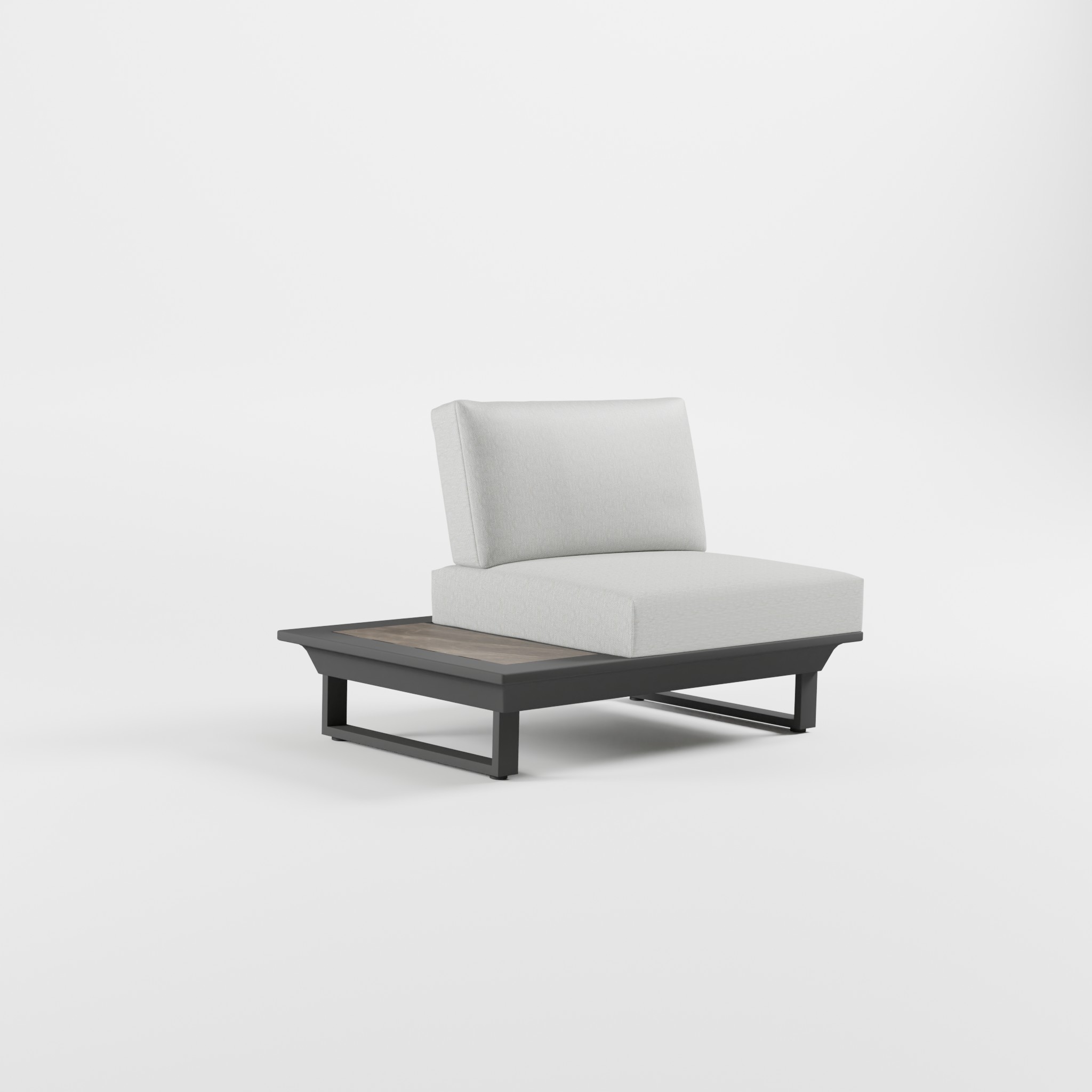 Anthrazitfarbenes Outdoor‑Lounge‑Modul aus Aluminium mit Edelstahl‑Rückenlehne, integrierter Keramik‑Ablagefläche und massiven Cube‑Füßen, ICM.