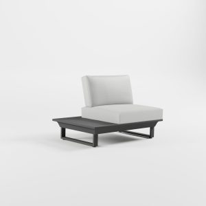 Anthrazitfarbenes Outdoor‑Lounge‑Modul aus Aluminium mit Edelstahl‑Rückenlehne, integriertem Seitentisch und massiven Cube‑Füßen, ICM.