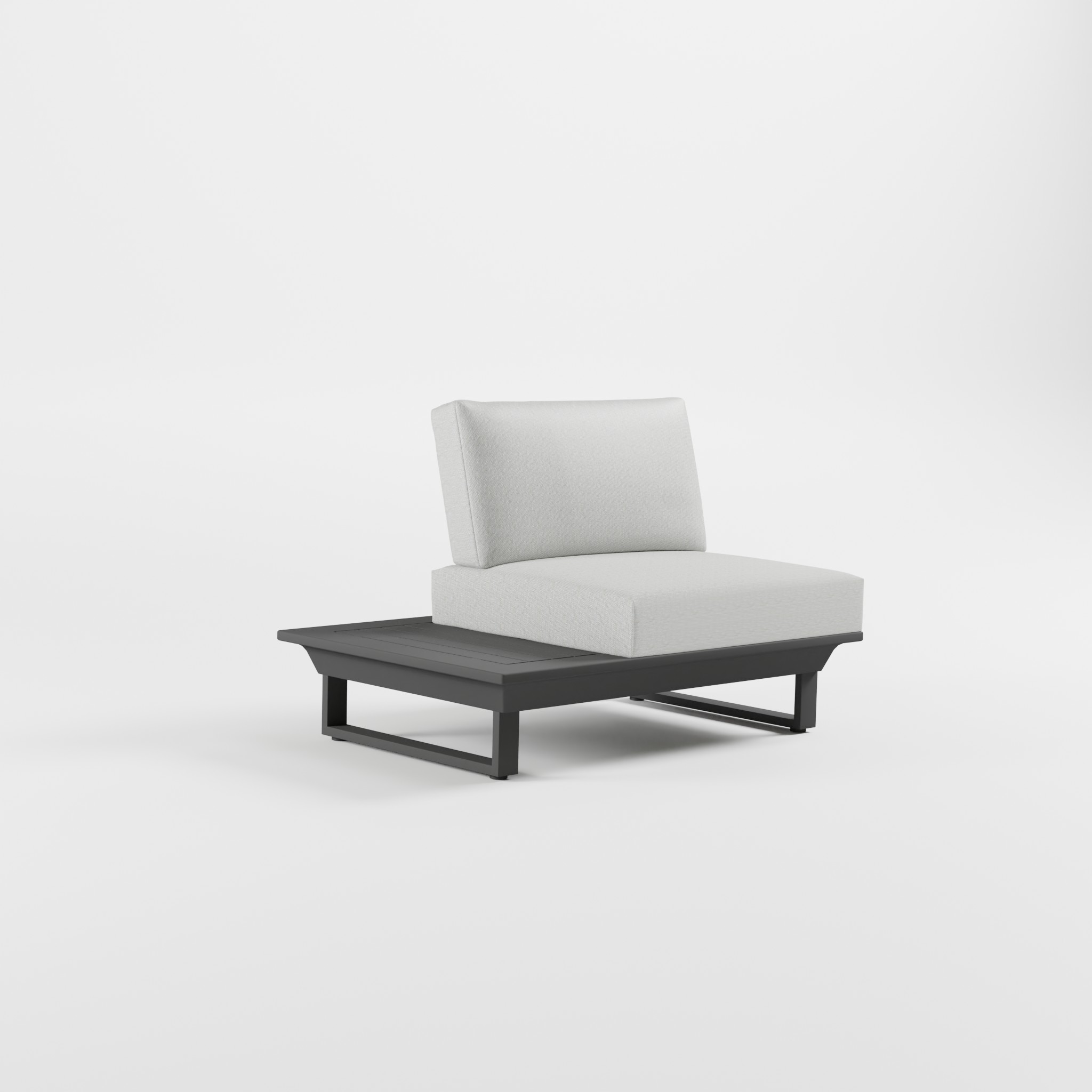 Anthrazitfarbenes Outdoor‑Lounge‑Modul aus Aluminium mit Edelstahl‑Rückenlehne, integriertem Seitentisch und massiven Cube‑Füßen, ICM.