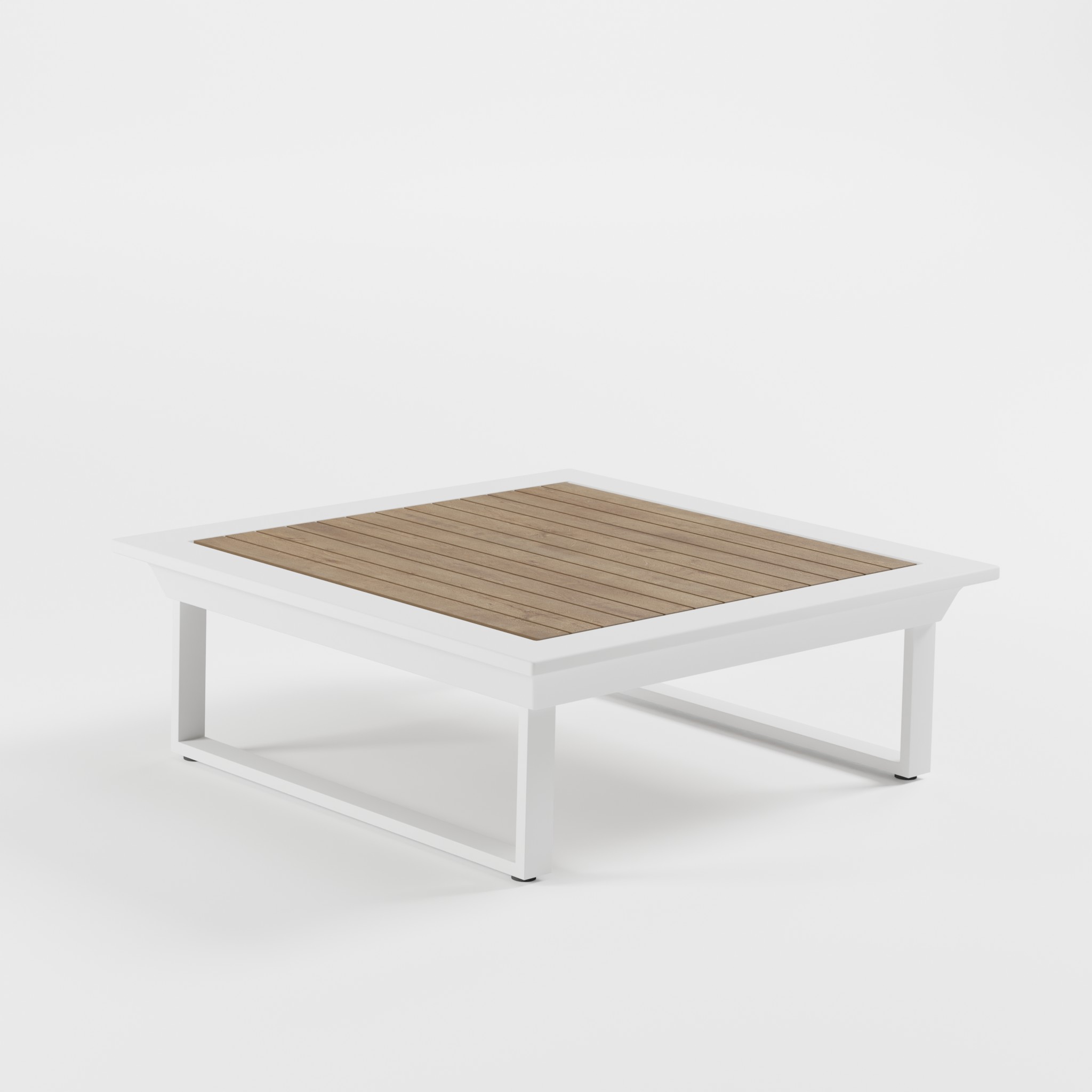 Weißer Outdoor‑Tisch 112×112 cm aus Aluminium mit Teak‑Iroko‑Platte, Cube‑Füßen und 39‑cm‑Höhe – ideal für moderne Lounge‑ und Terrassenbereiche