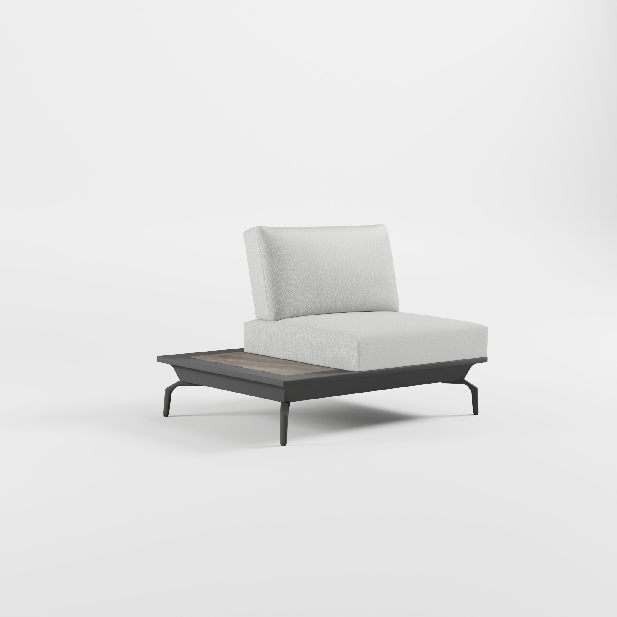 Anthrazitfarbenes Outdoor‑Lounge‑Modul aus Aluminium mit Edelstahl‑Rückenlehne, integrierter Keramik‑Ablagefläche und schrägen Delta‑Füßen, ICM.