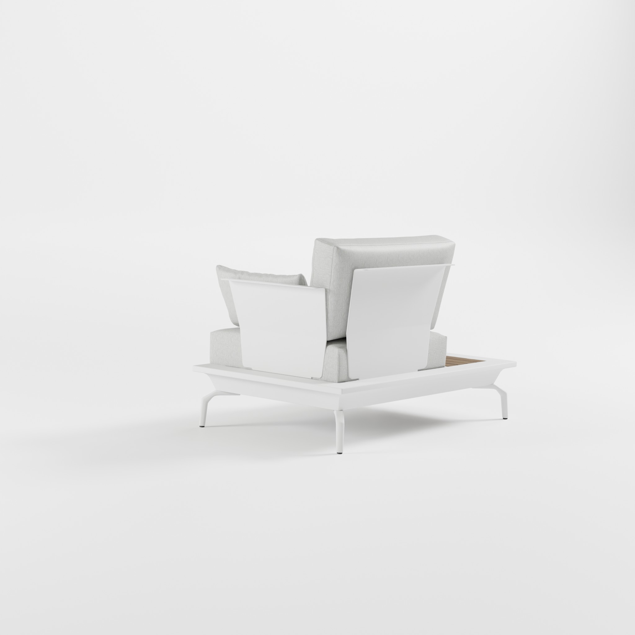 Rückansicht eines weißen 1,5‑Sitzer Outdoor‑Lounge‑Sessels aus Aluminium mit Edelstahl‑Rückenlehne, integrierter Ablagefläche, einer Armlehne und schrägen Delta‑Füßen, ICM.
