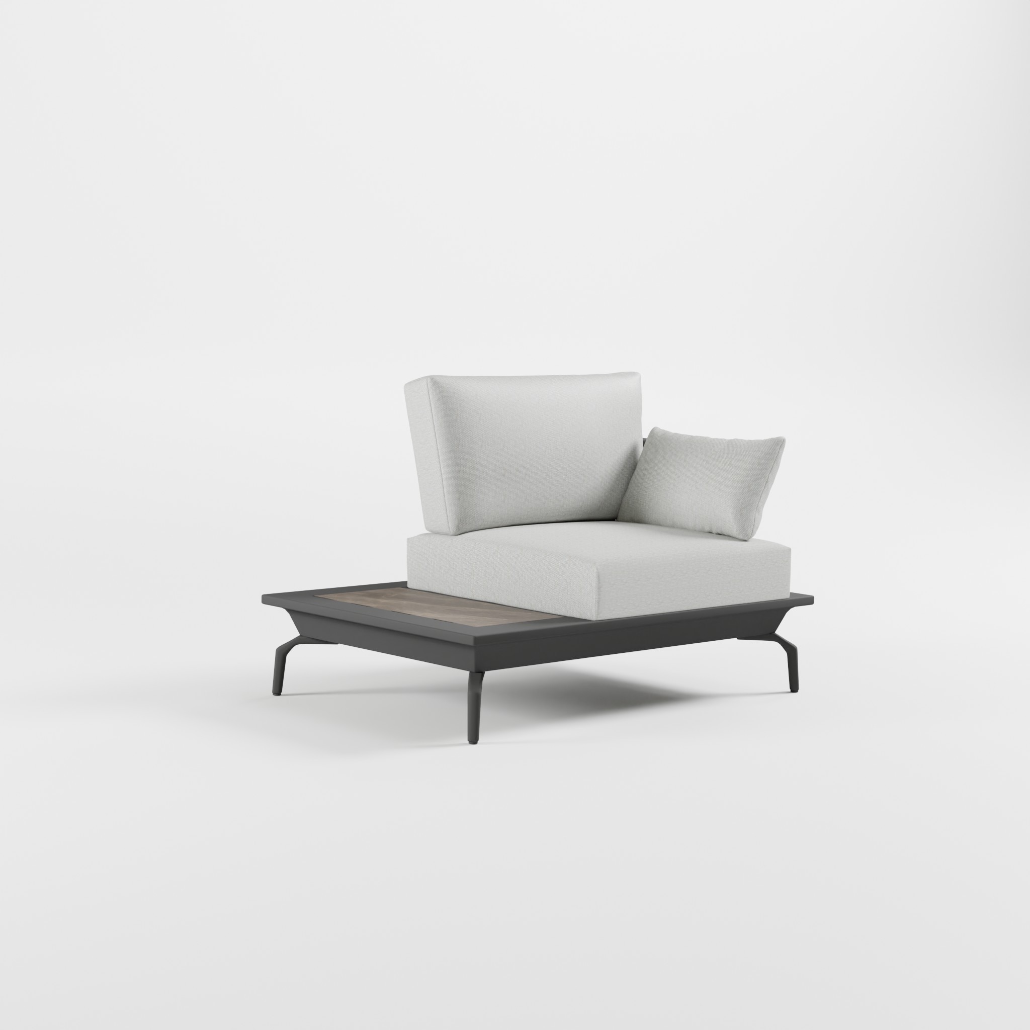 Anthrazitfarbener Outdoor‑Lounge‑Sessel aus Aluminium mit Edelstahl‑Rückenlehne, dunkler Keramik‑Ablagefläche, einer Armlehne und Delta‑Füßen, ICM.