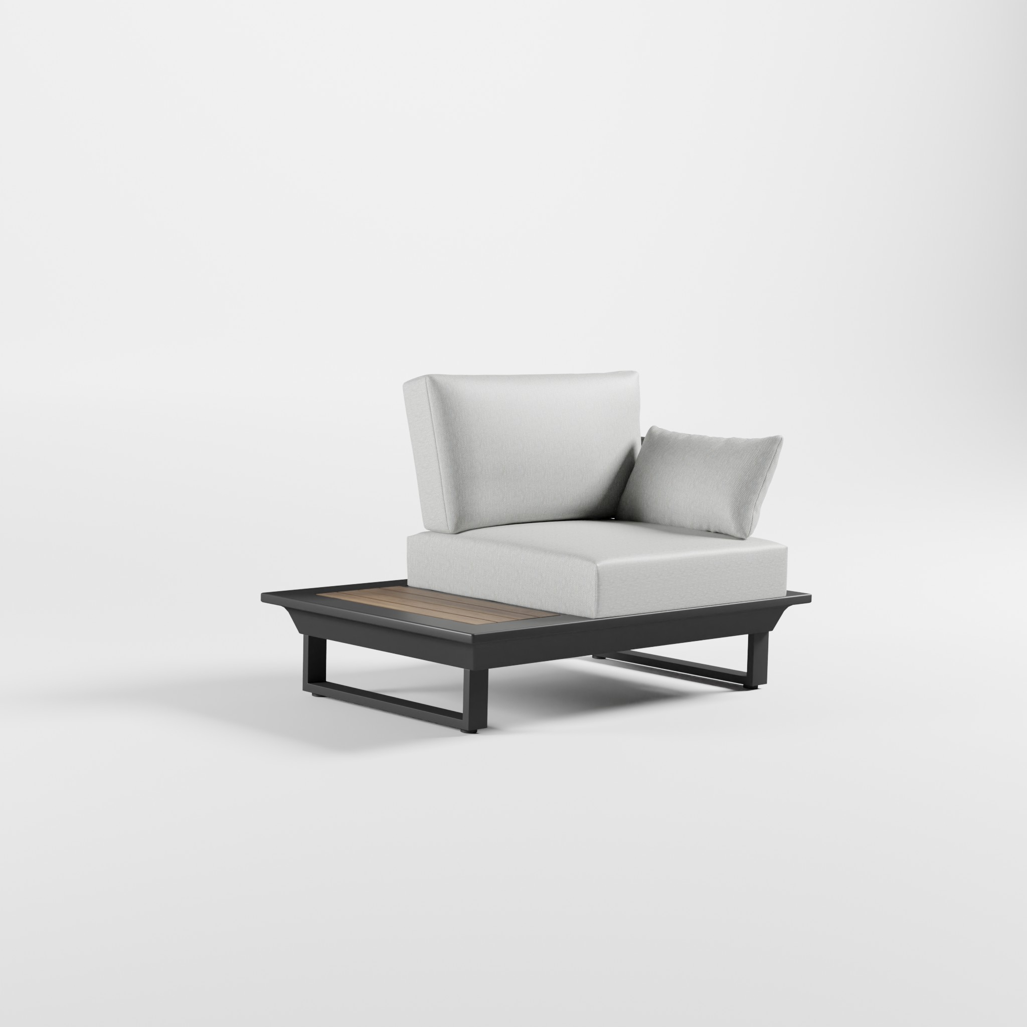 Anthrazitfarbener Outdoor‑Lounge‑Sessel aus Aluminium mit Edelstahl‑Rückenlehne, integrierter Ablagefläche, einer Armlehne, Teak‑Seitentisch und Cube‑Füßen, ICM.