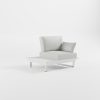 Weißer Outdoor‑Lounge‑Sessel aus Aluminium mit Edelstahl‑Rückenlehne, integrierter dunkler Keramik‑Ablagefläche, einer Armlehne und massiven Cube‑Füßen, ICM.