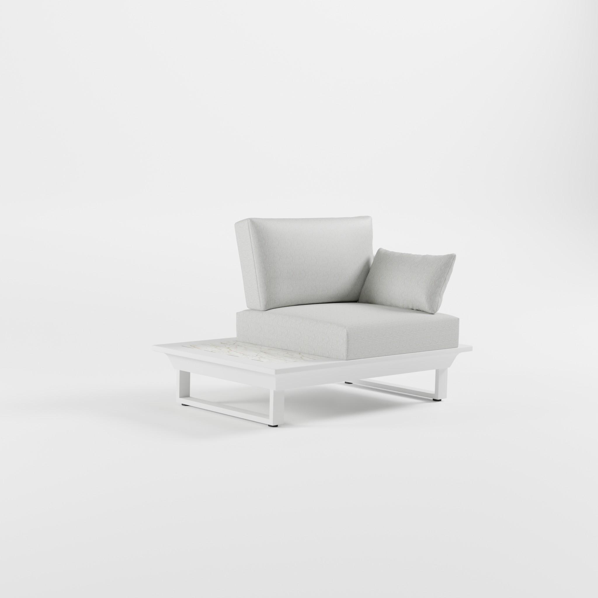 Weißer Outdoor‑Lounge‑Sessel aus Aluminium mit Edelstahl‑Rückenlehne, integrierter dunkler Keramik‑Ablagefläche, einer Armlehne und massiven Cube‑Füßen, ICM.