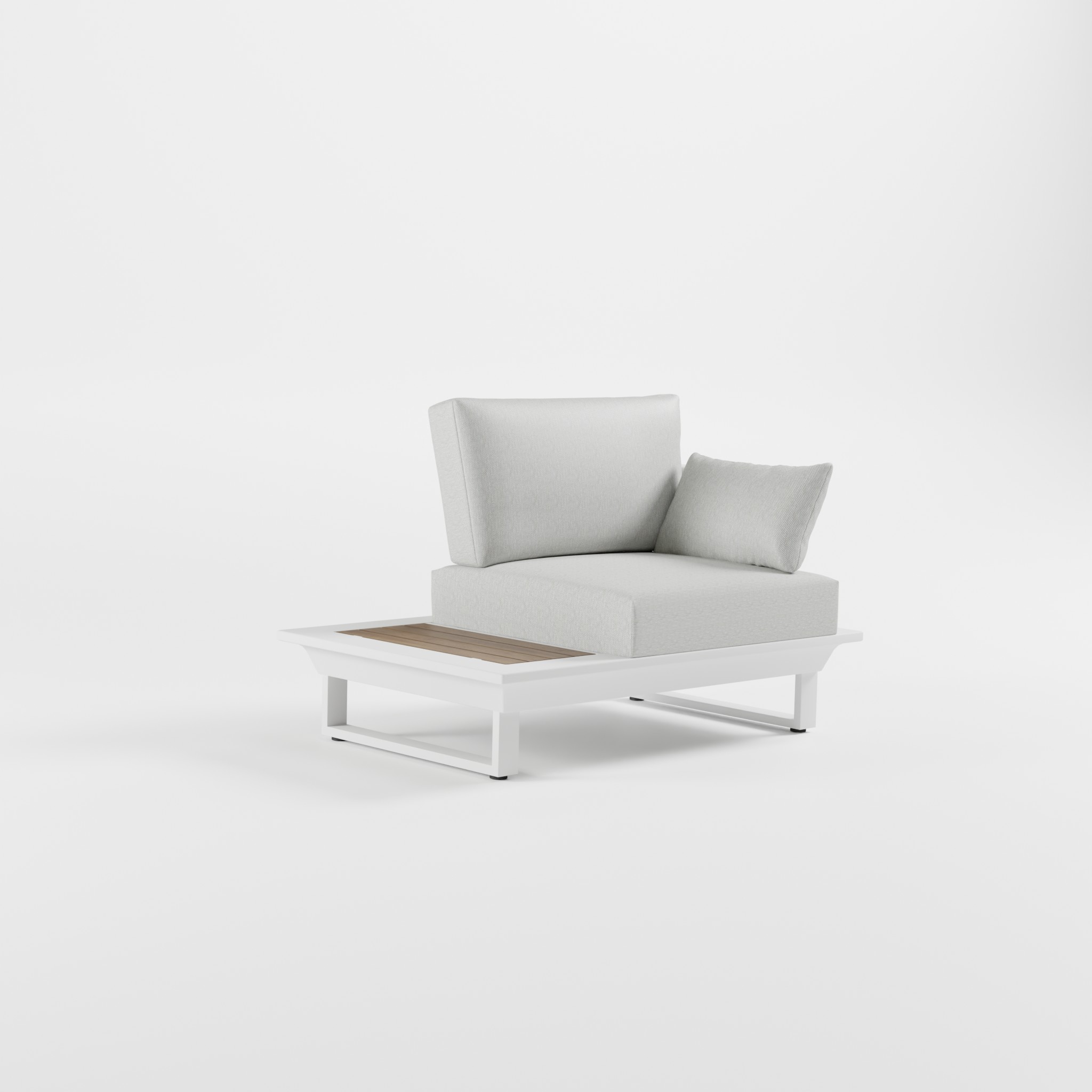 Weißer Outdoor‑Lounge‑Sessel aus Aluminium mit Edelstahl‑Rückenlehne, integrierter Teakholz‑Ablagefläche, einer Armlehne und massiven Cube‑Füßen, ICM.
