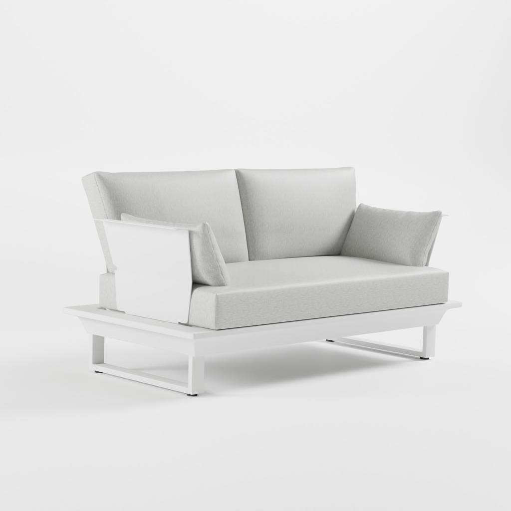 Weißes 2‑Sitzer Aluminium‑Lounge‑Sofa mit zwei Armlehnen, 2‑teiliger Premium‑Polsterung, markanten Edelstahl‑Rückenlehnen und massiven Cube‑Füßen aus der ICM Gartenlounge