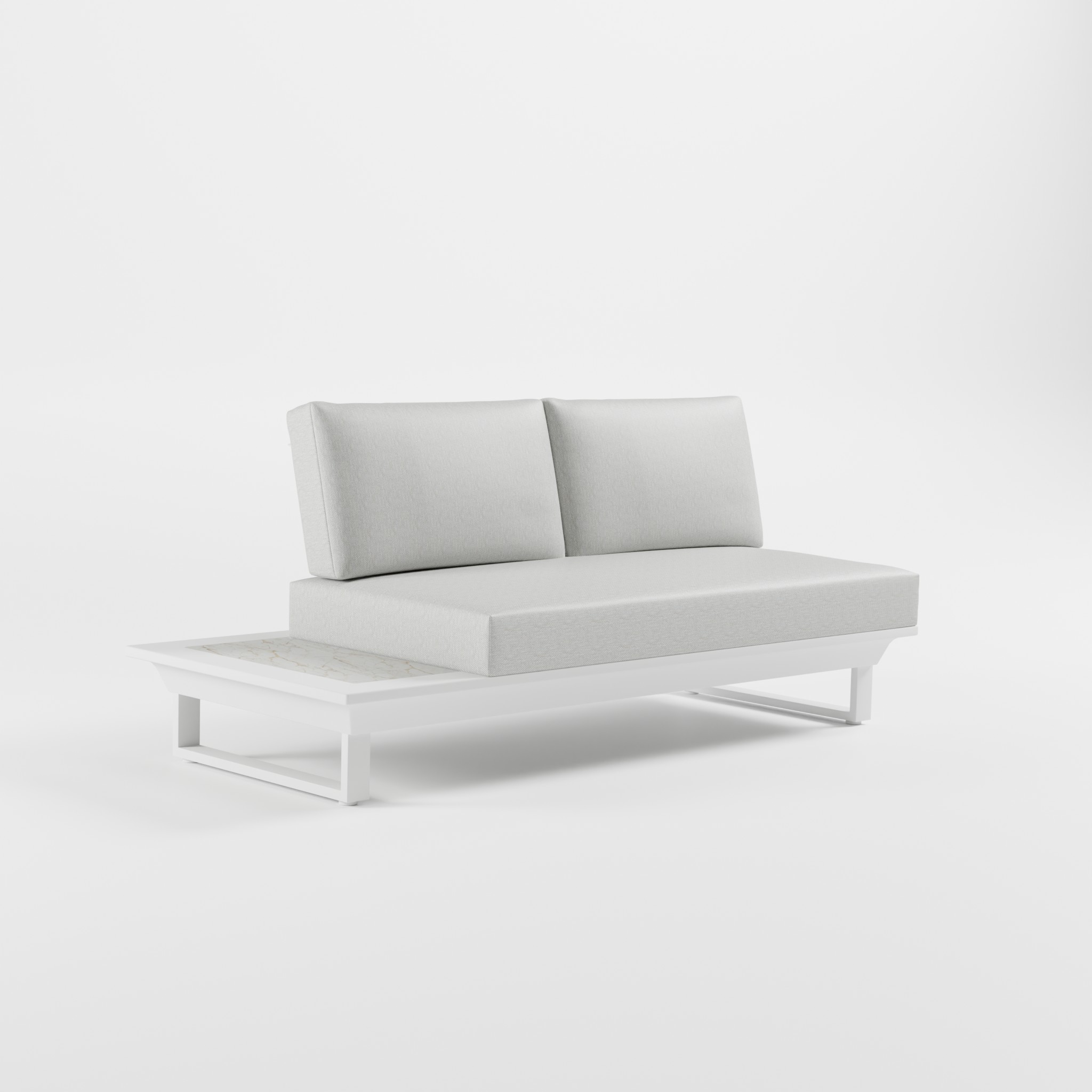 2-Sitzer Endmodul Weiß mit Keramik-Seitentisch – Flexibles Anstellmodul mit Cube-Füßen und durchgehendem Sitzkissen von ICM.
