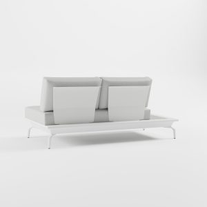 2-Sitzer Endmodul Weiß Rückansicht – Detail der Edelstahl-Rückenlehne, des Seitentischs und der Delta-Füße aus Aluminium-Guss von ICM.