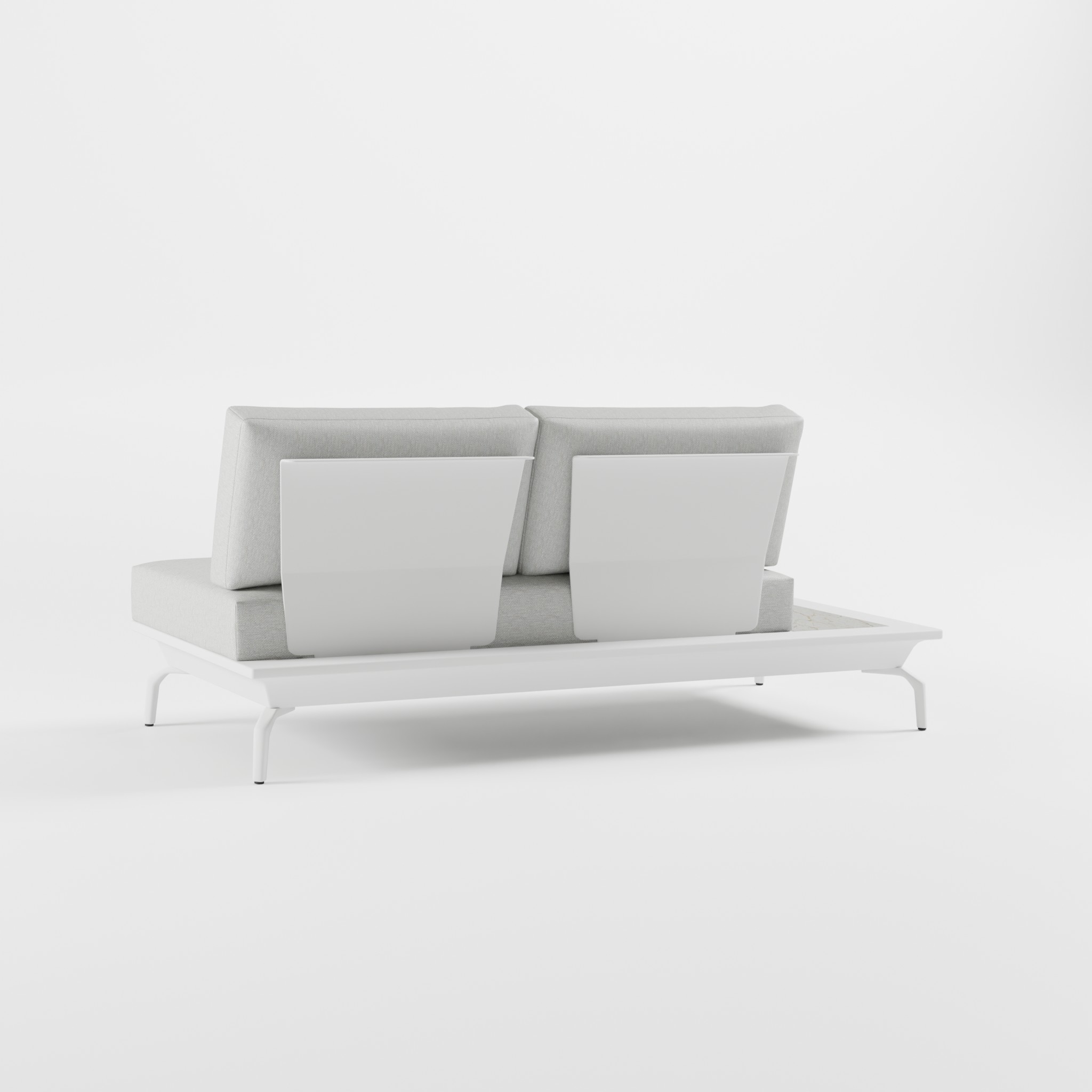 2-Sitzer Endmodul Weiß Rückansicht – Detail der Edelstahl-Rückenlehne, des Seitentischs und der Delta-Füße aus Aluminium-Guss von ICM.