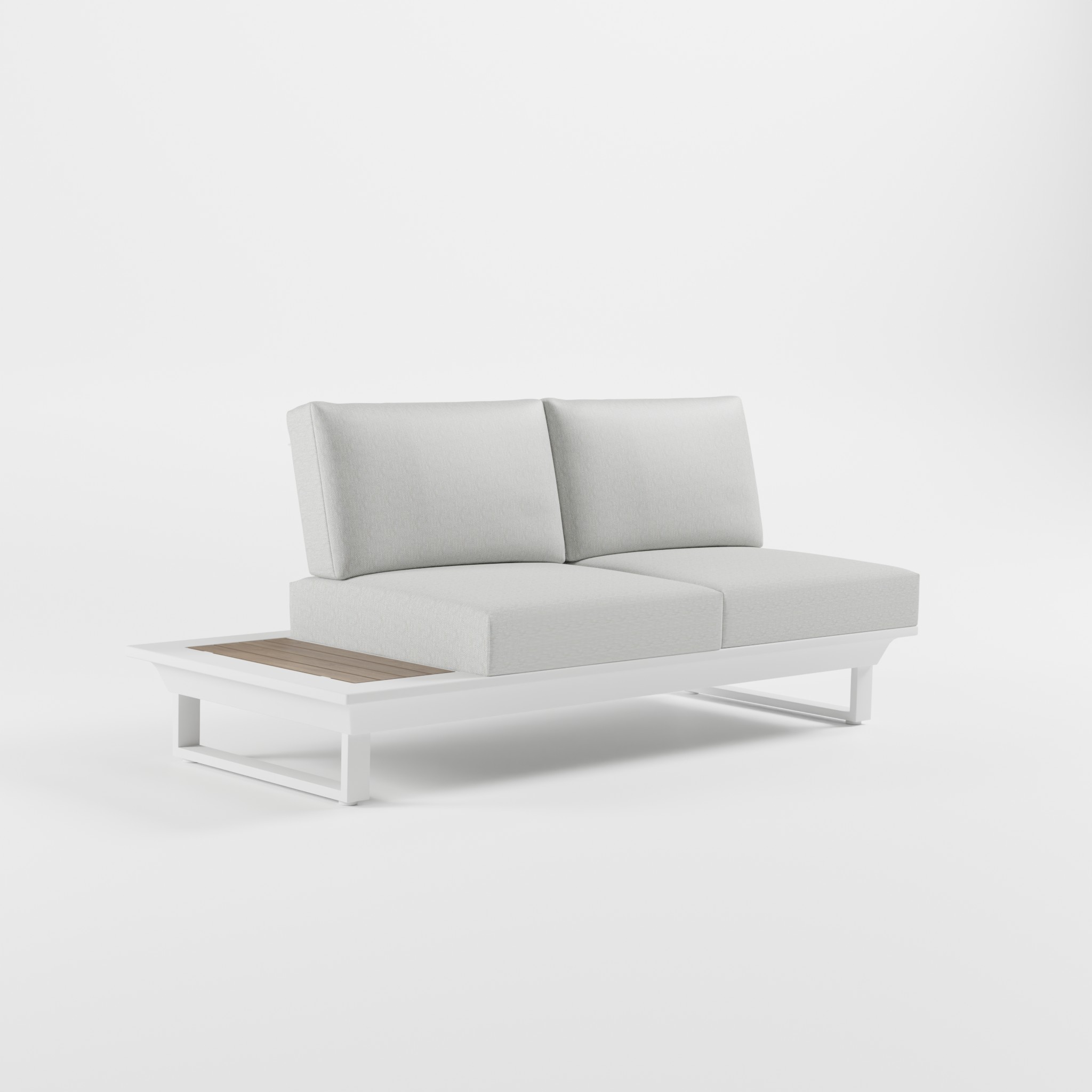 2-Sitzer Endmodul Weiß mit Teak-Seitentisch – Flexibles Anstellmodul mit Cube-Füßen und 2-teiliger Polsterung von ICM.