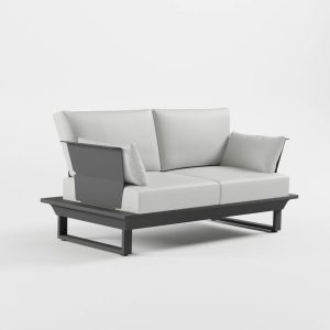 Anthrazitfarbenes 2‑Sitzer Aluminium‑Lounge‑Sofa mit zwei Armlehnen, 2‑teiliger Premium‑Polsterung, markanten Edelstahl‑Rückenlehnen und massiven Cube‑Füßen aus der ICM Gartenlounge
