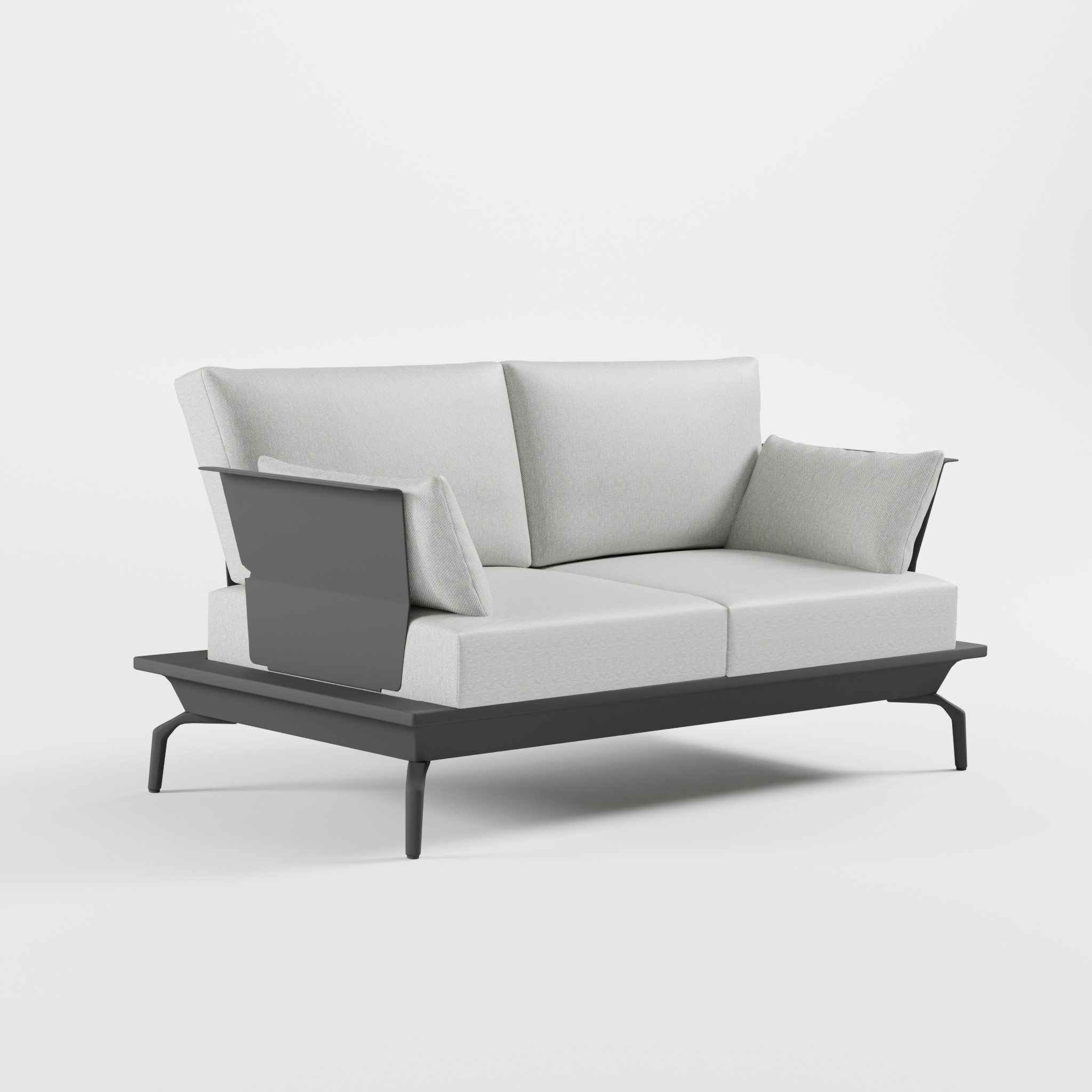 2-sitzer-premium-lounge-sofa-anthrazit-2-teilige-polsterung-delta-designfuesse-edelstahl-icm Anthrazitfarbenes 2‑Sitzer Aluminium‑Lounge‑Sofa mit zwei Armlehnen, 2‑teiliger Premium‑Polsterung, markanten Edelstahl‑Rückenlehnen und eleganten Delta‑Designfüßen aus der ICM Gartenlounge