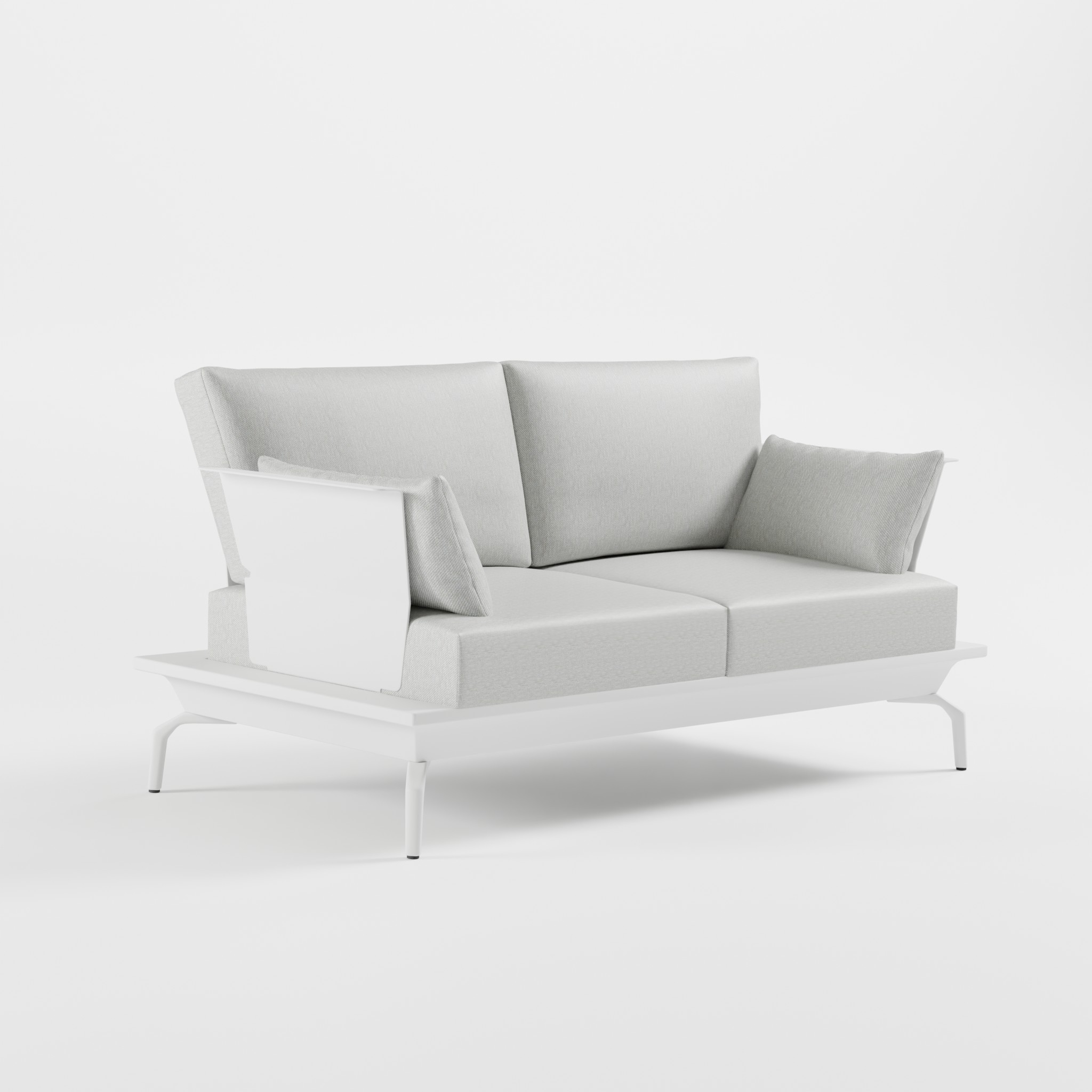 Weißes 2‑Sitzer Outdoor‑Gartensofa mit zwei Armlehnen, 2‑teiliger Premium‑Polsterung, markanten Edelstahl‑Rückenlehnen und eleganten Delta‑Designfüßen aus der ICM Gartenlounge