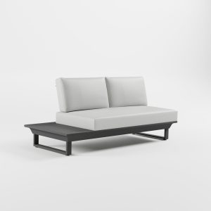 Anthrazitfarbenes 2‑Sitzer Loungeelement aus Aluminium mit integriertem Seitentisch, durchgehendem Sitzkissen und massiven Cube‑Füßen, ICM Gartenlounge