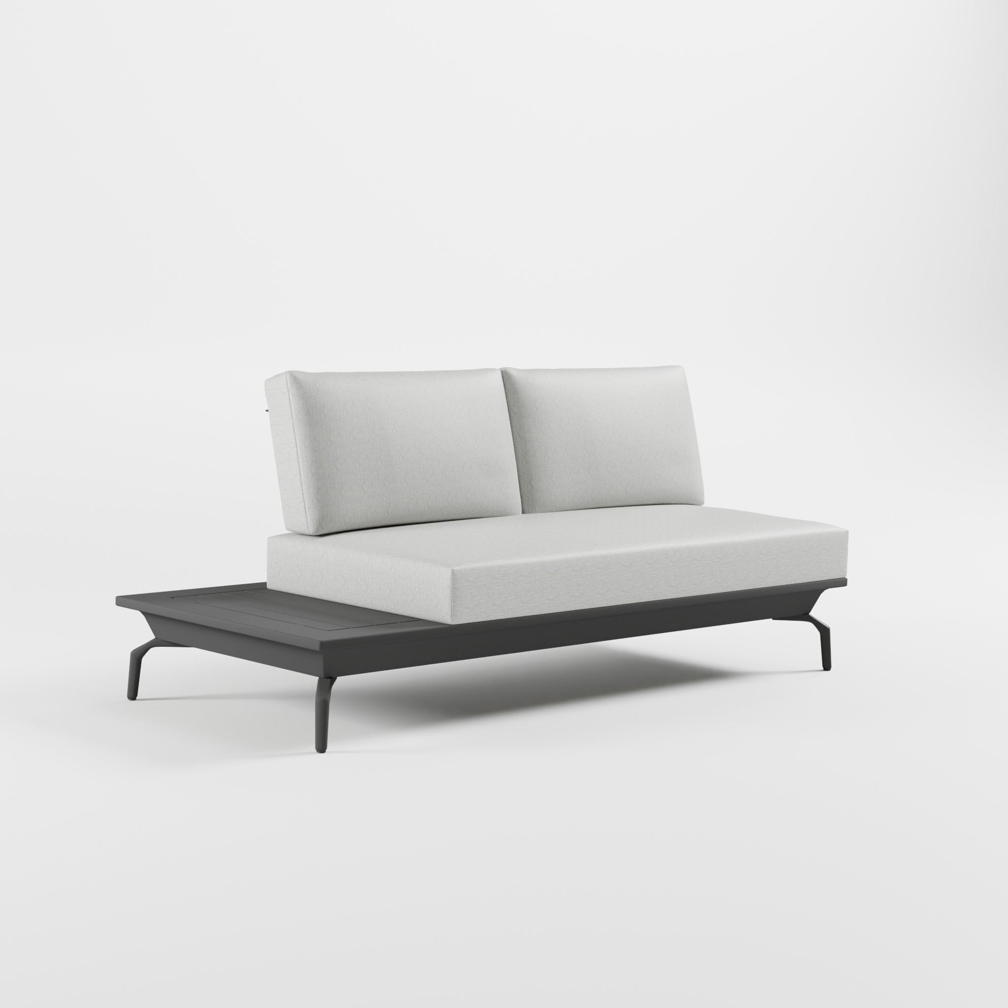 Anthrazitfarbenes 2‑Sitzer Loungeelement aus Aluminium mit integriertem Seitentisch, durchgehendem Sitzkissen und Delta‑Füßen aus Aluminium‑Guss, ICM Gartenlounge