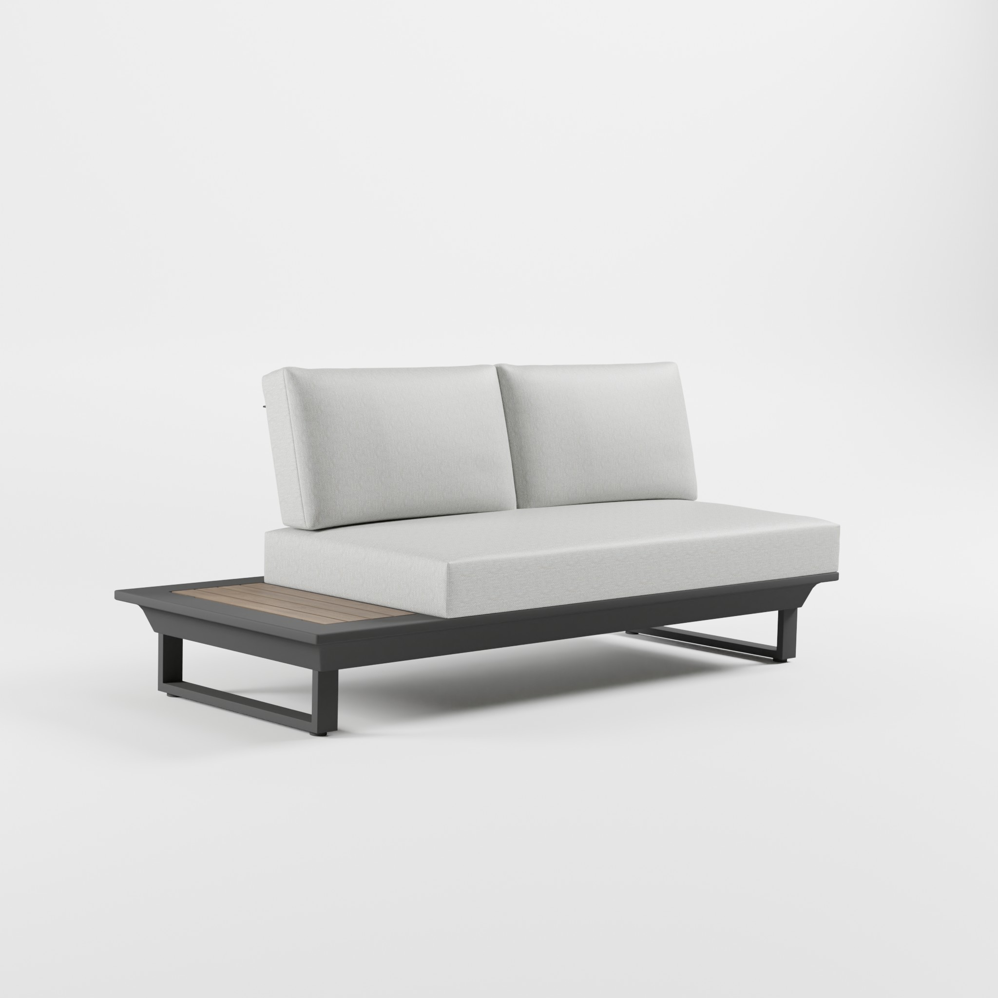 Anthrazitfarbenes 2‑Sitzer Aluminium‑Loungeelement mit Teakholz‑Seitentisch, durchgehendem Sitzkissen und massiven Cube‑Füßen, ICM Gartenlounge