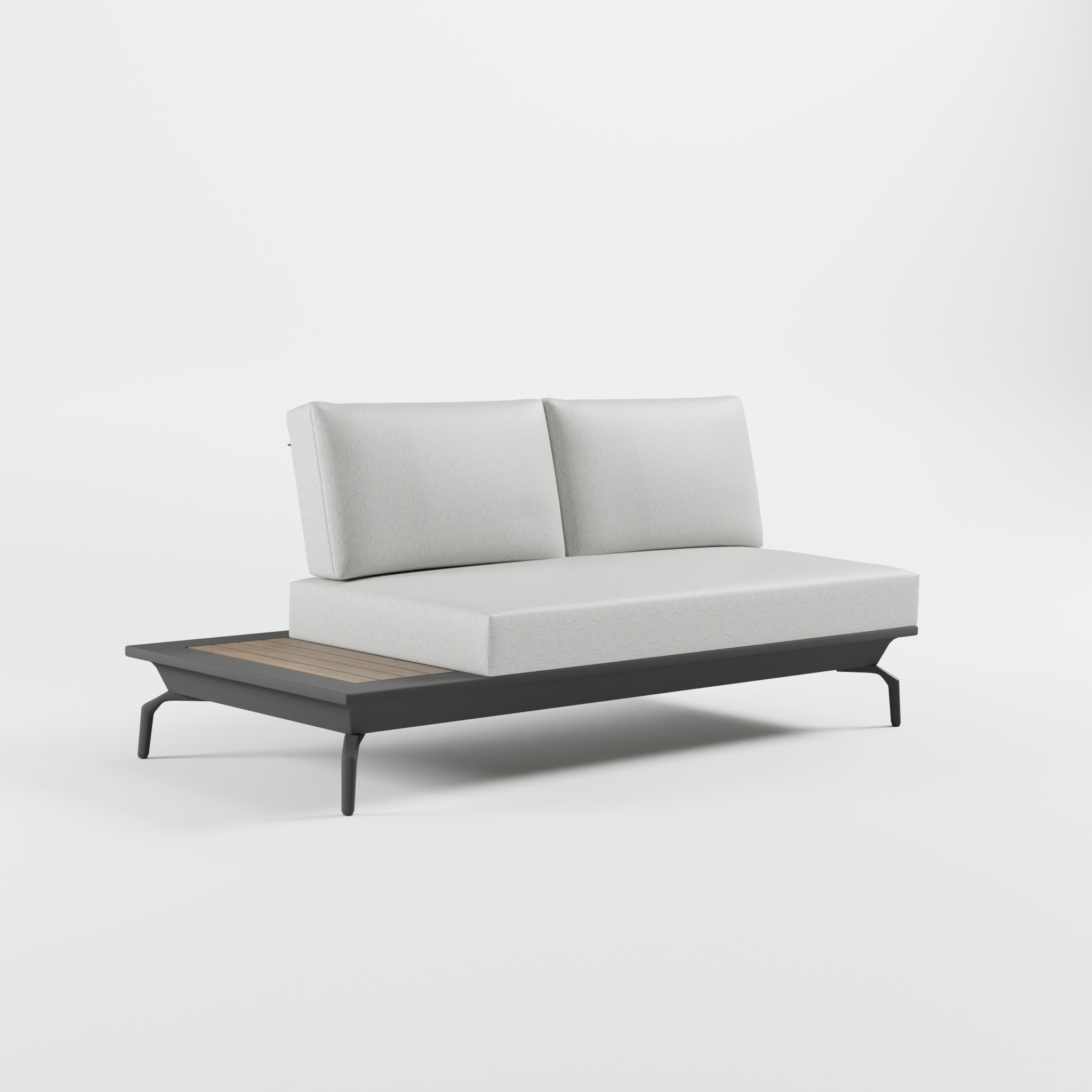 Anthrazitfarbenes 2‑Sitzer Aluminium‑Loungeelement mit Teakholz‑Seitentisch, durchgehendem Sitzkissen und Delta‑Füßen aus Aluminium‑Guss, ICM Gartenlounge