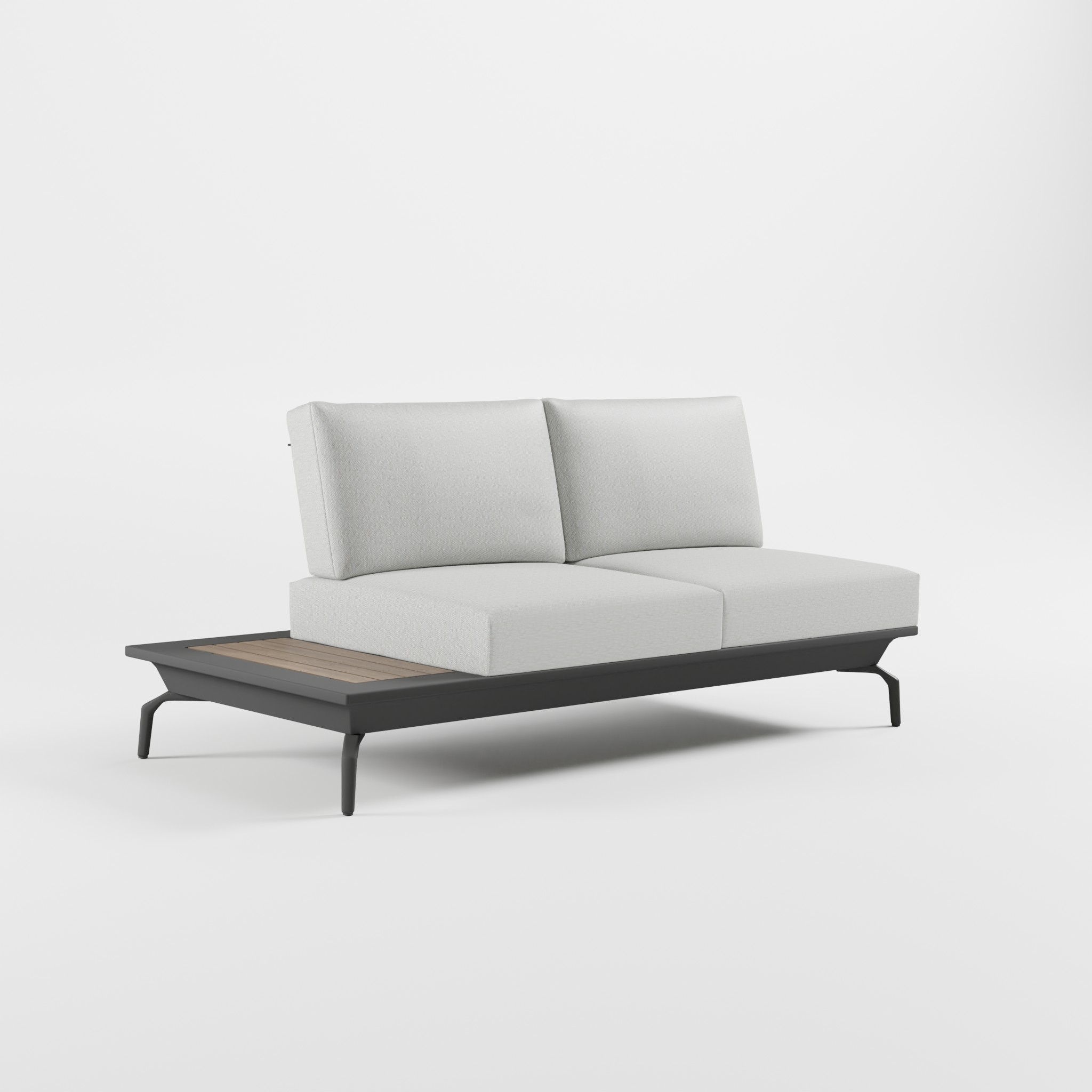 Anthrazitfarbenes 2‑Sitzer Aluminium‑Loungeelement mit Teakholz‑Seitentisch, 2‑teiliger Polsterung und Delta‑Füßen aus Aluminium‑Guss, ICM Gartenlounge