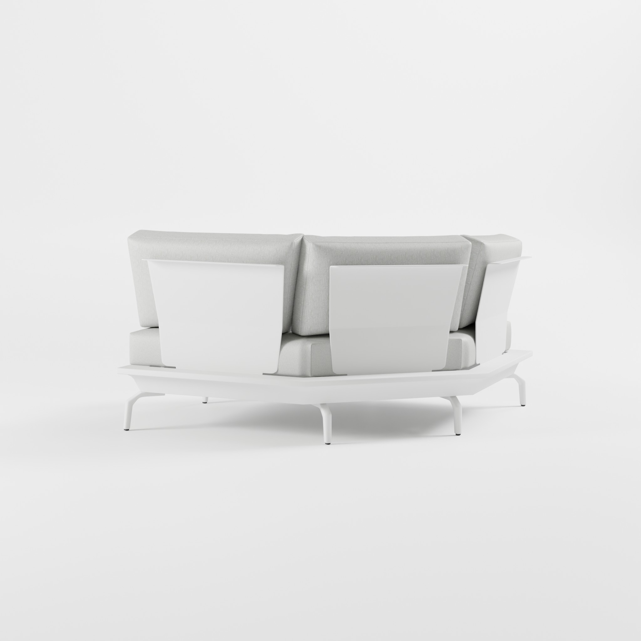 Rückansicht eines weißen 6‑Eck Lounge‑Moduls aus Aluminium mit Edelstahl‑Rückenlehne aus der modularen ICM Gartenlounge Serie