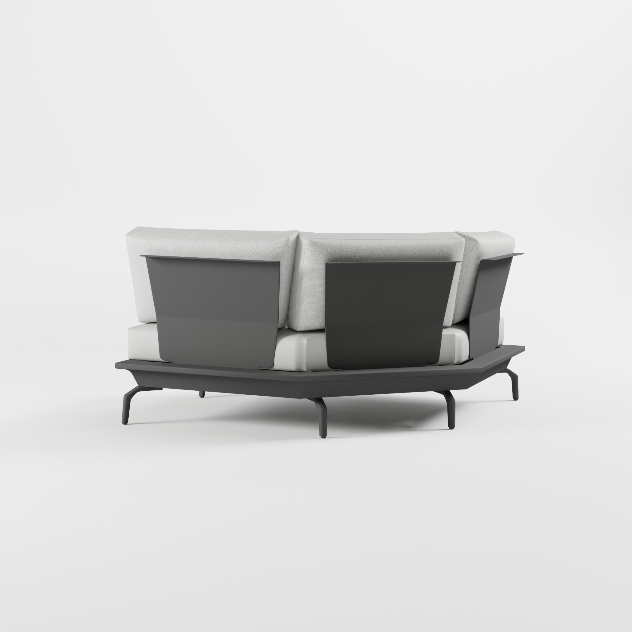 Rückansicht eines 6‑Eck Outdoor‑Moduls in Anthrazit aus pulverbeschichtetem Aluminium mit Edelstahl‑Rückenlehne aus der modularen ICM Gartenlounge Serie