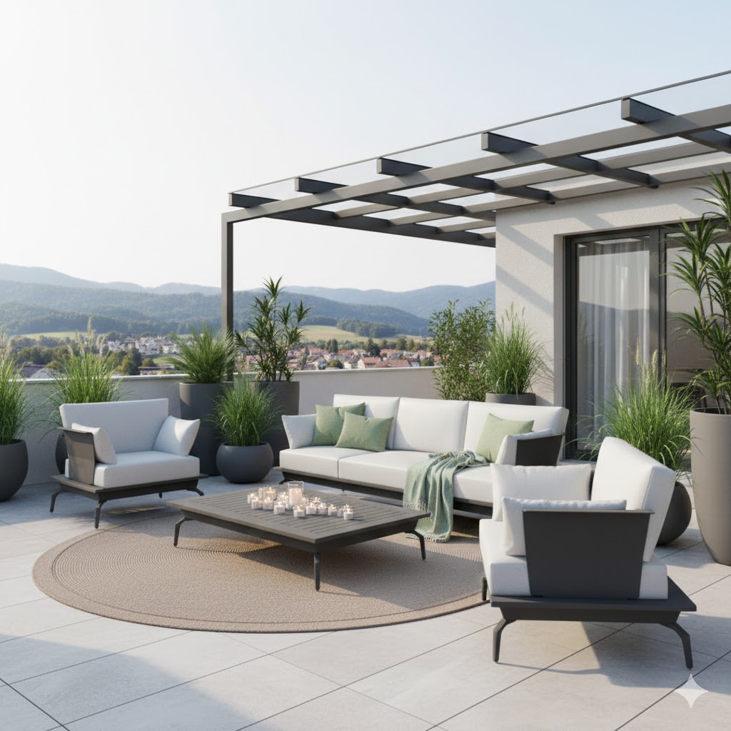 ICM Monaco Loungeset in Anthrazit mit hellgrauen Polstern auf einer modernen Dachterrasse mit Blick auf die Schwäbische Alb