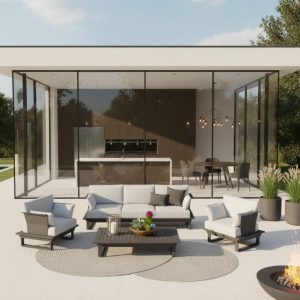 Anthrazitfarbene Gartenlounge auf heller Steinterrasse vor moderner Luxus-Villa bei Abenddämmerung.