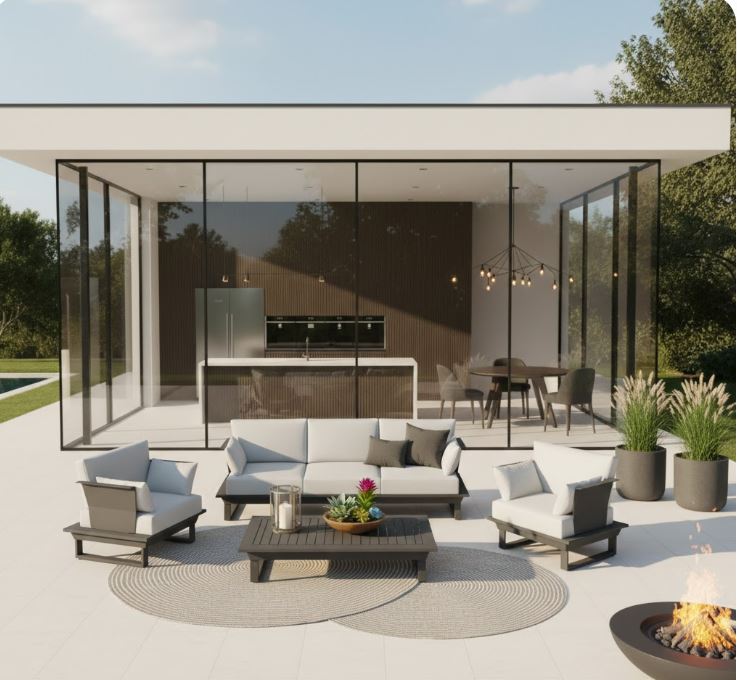 Anthrazitfarbene Gartenlounge auf heller Steinterrasse vor moderner Luxus-Villa bei Abenddämmerung.