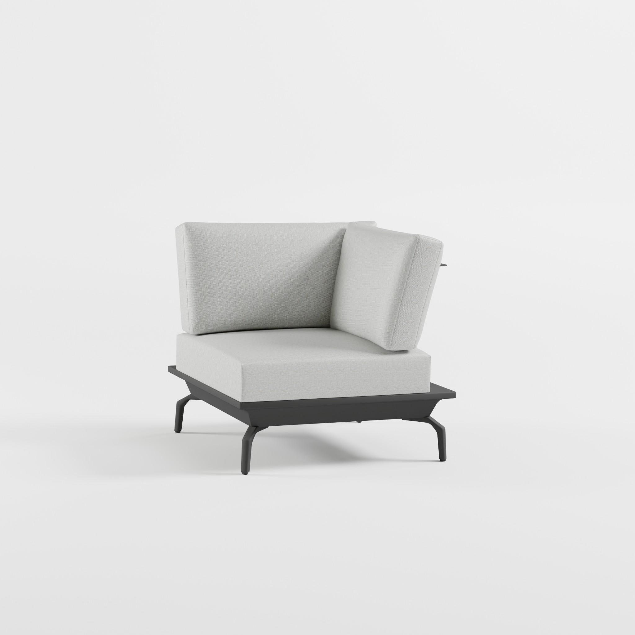 eckmodul‑anthrazit‑aluminium‑delta‑fuesse‑icm Eckmodul in Anthrazit aus Aluminium mit Edelstahl‑Rückenlehne und Delta‑Füßen für modulare Outdoor‑Lounge, ICM.