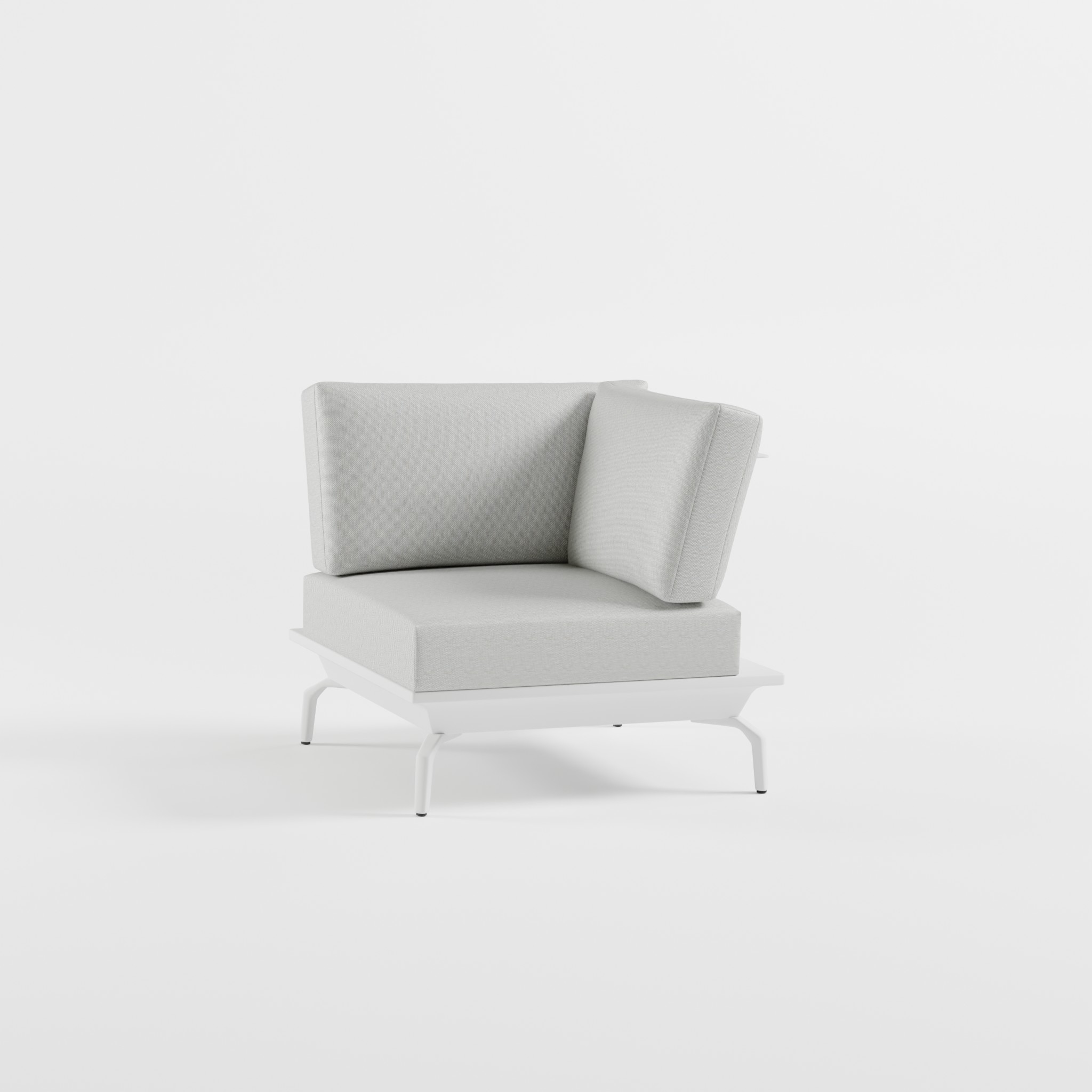 Weißes Outdoor‑Eckelement aus Aluminium mit Edelstahl‑Rückenlehne und Delta‑Füßen für modulare Lounge‑Bereiche, ICM.