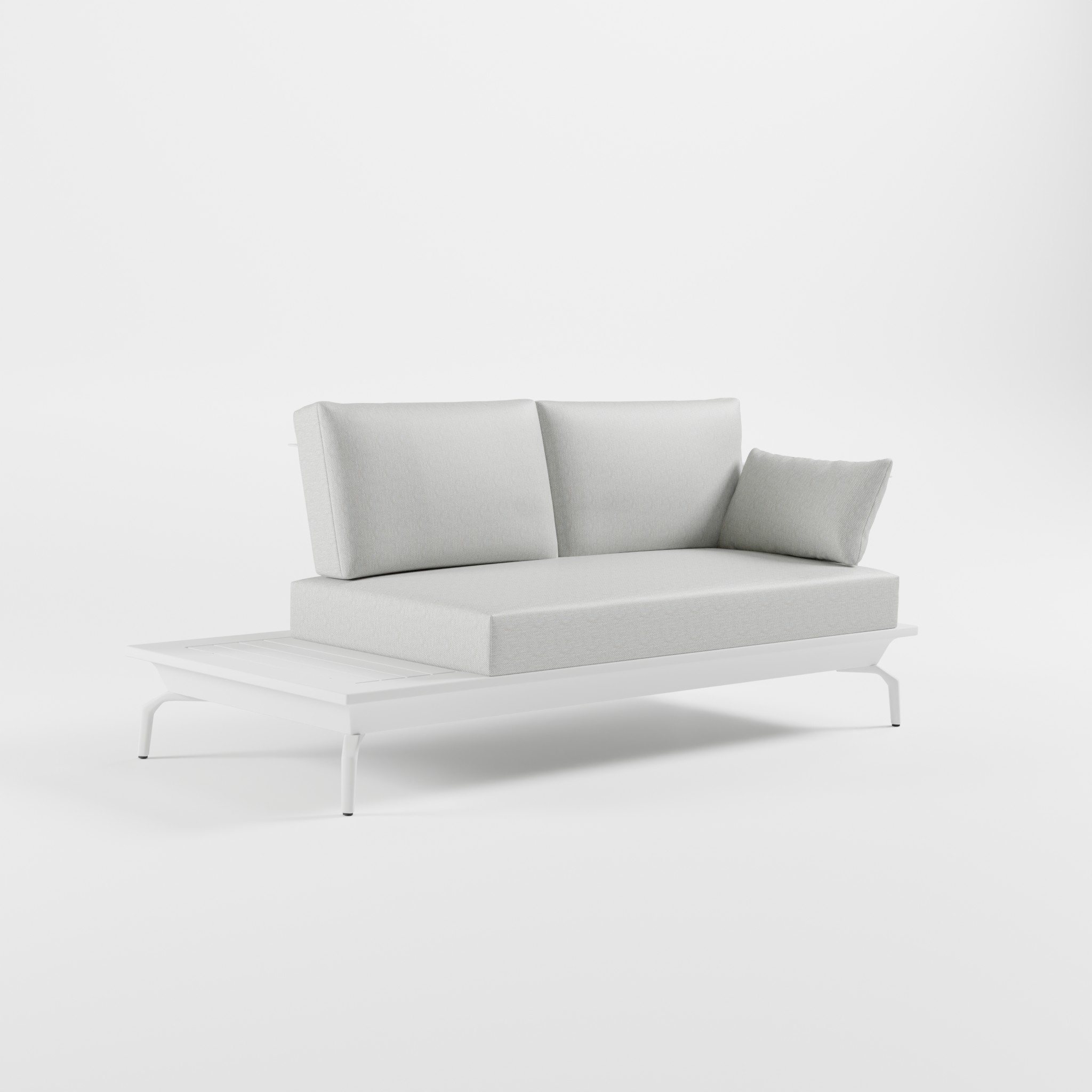 Weißes Outdoor‑Lounge‑Sofa aus Aluminium mit Edelstahl‑Rückenlehne, seitlicher Armlehne und Delta‑Füßen, ideal für Terrasse, Garten und Balkon, ICM.