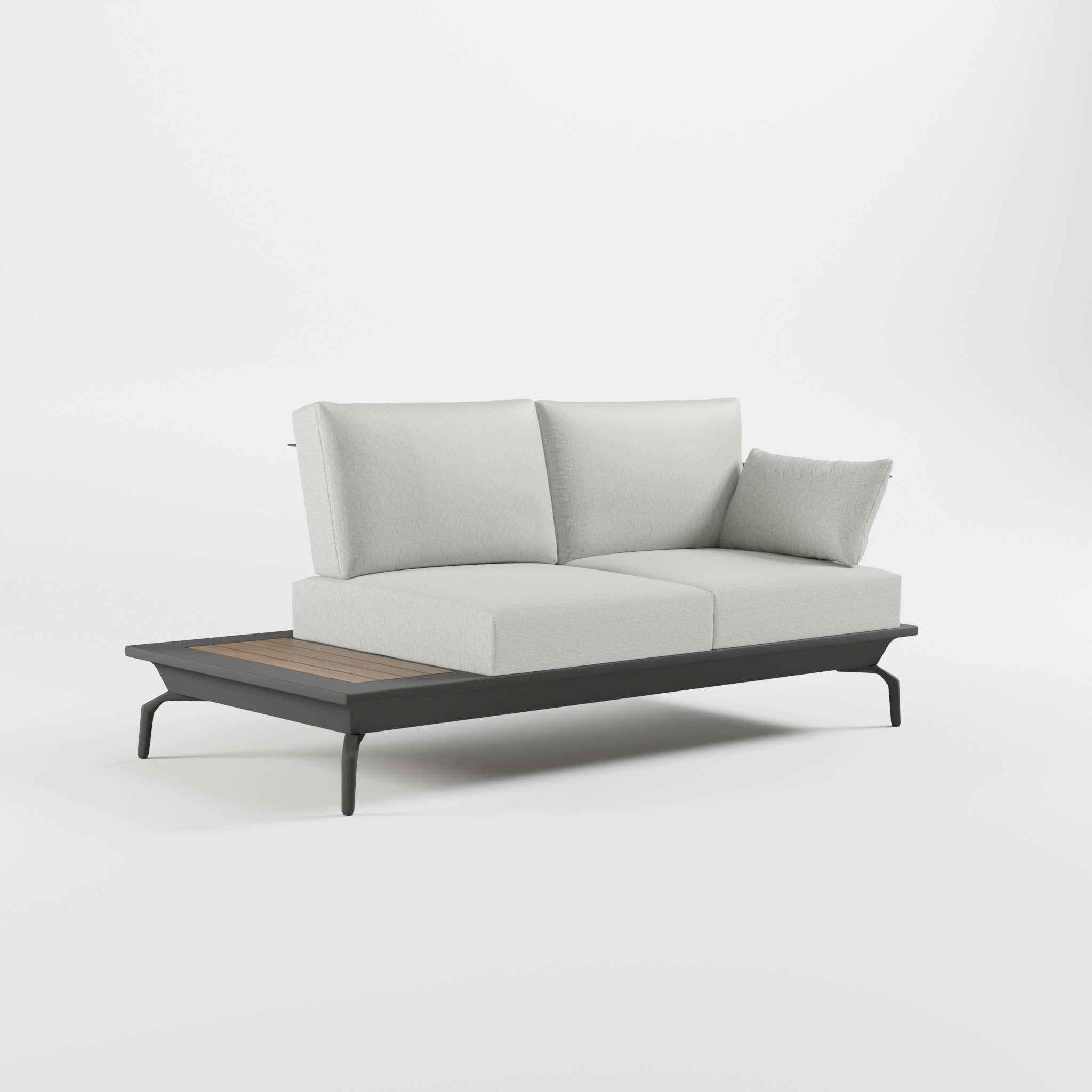 Anthrazitfarbenes Outdoor‑Lounge‑Sofa aus Aluminium mit Edelstahl‑Rückenlehne, zwei Sitzkissen, seitlicher Armlehne, Teak‑Seitentisch und Delta‑Füßen, ICM.